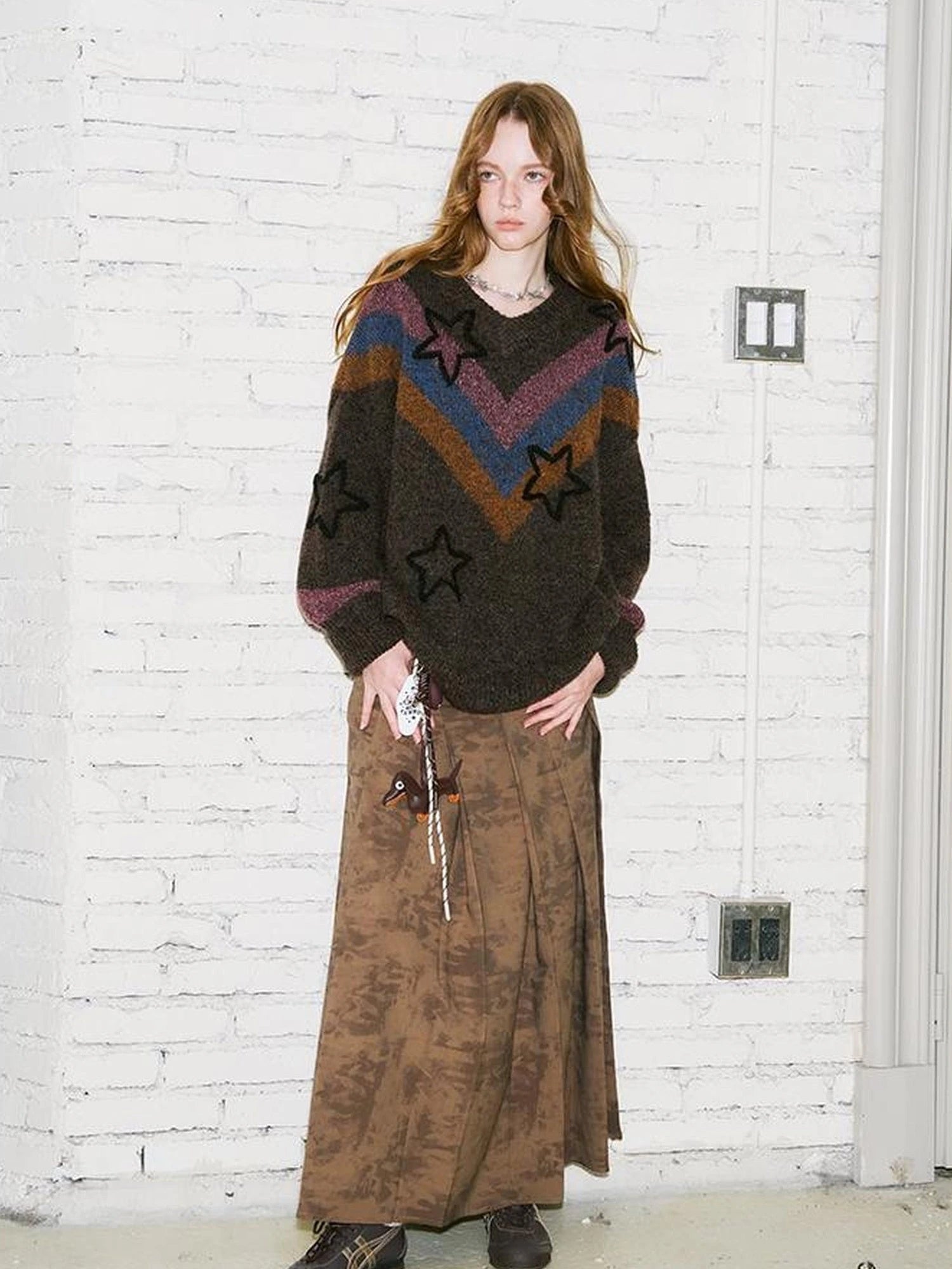 Retro Star V Neck Colorblock Knit Sweater