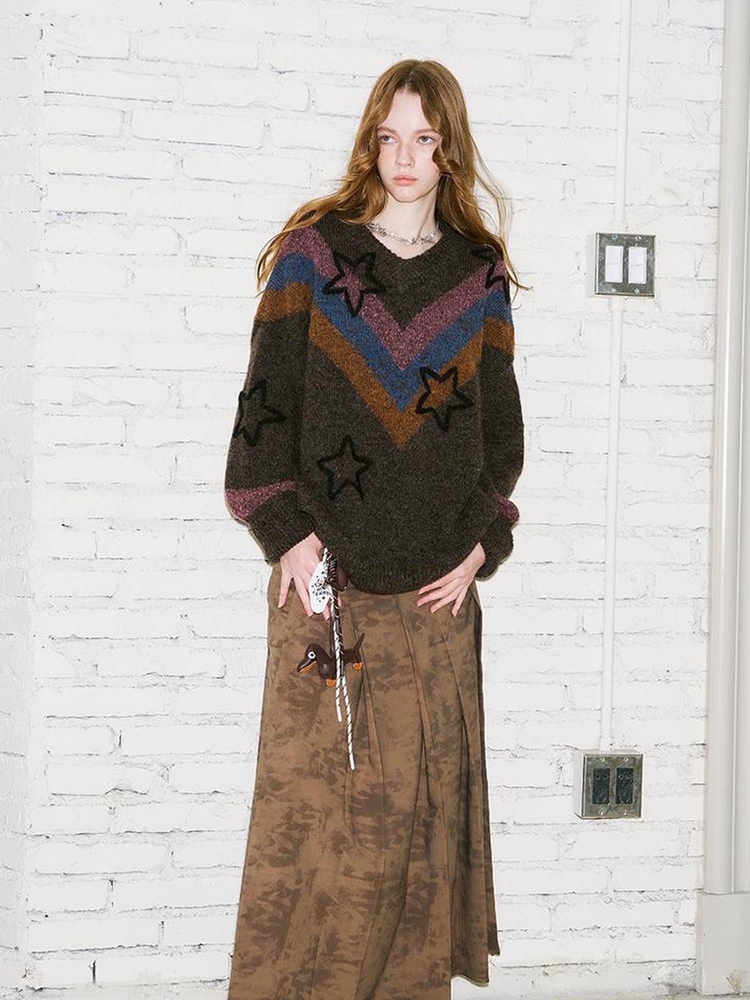 DIDDI MODA Retro Star V Neck Colorblock Knit Sweater