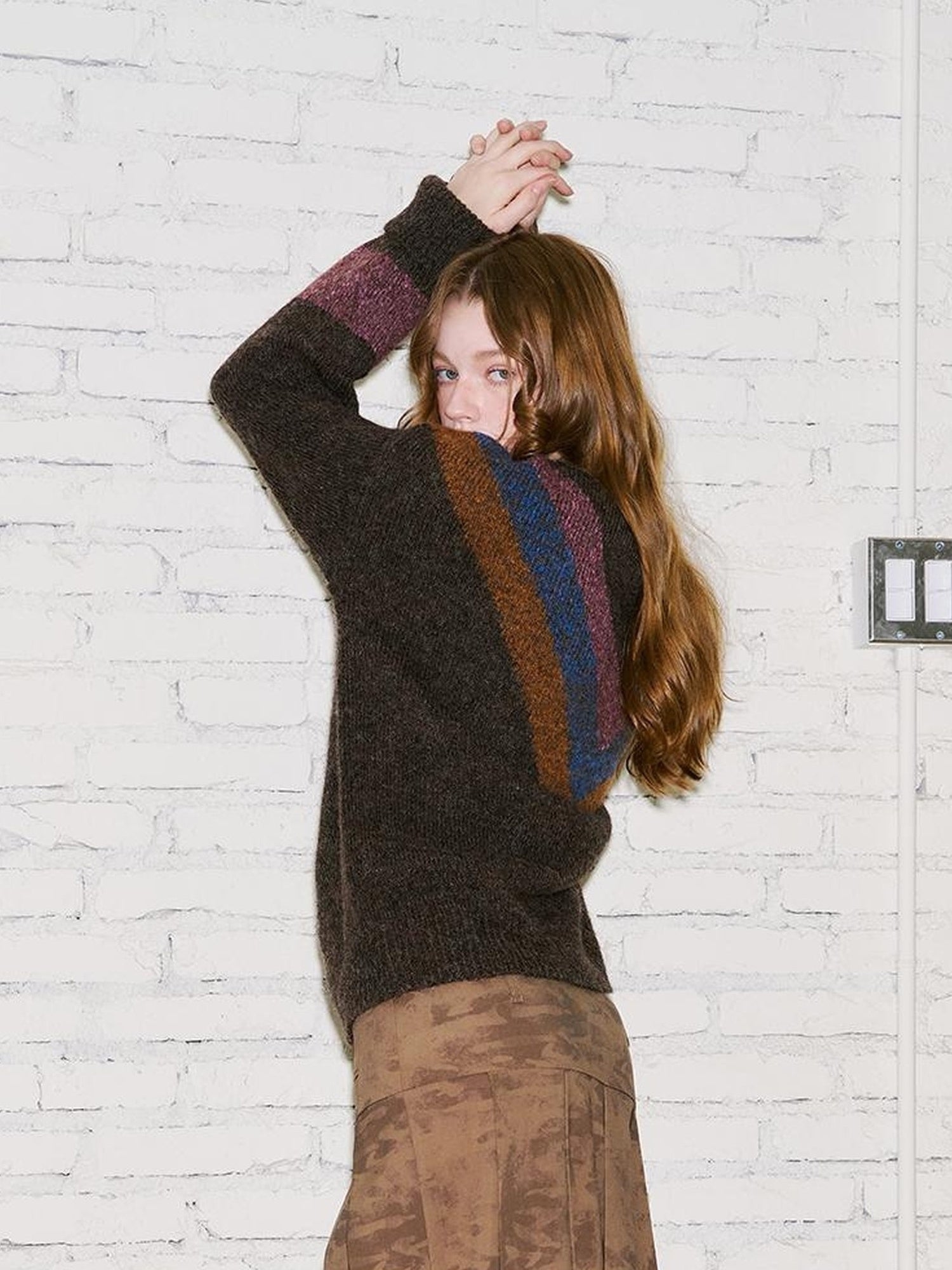 DIDDI MODA Retro Star V Neck Colorblock Knit Sweater