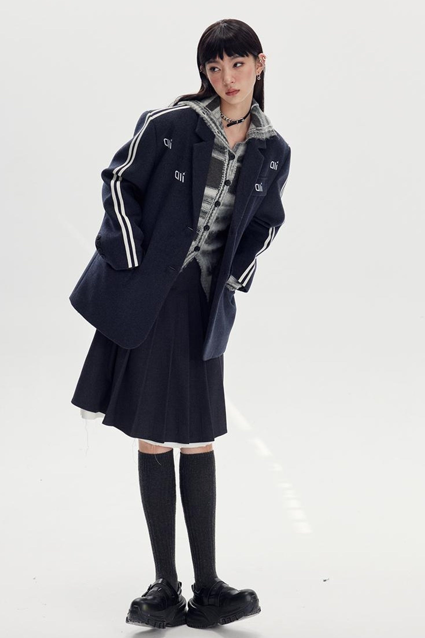 DIDDI MODA Retro Stripe Embroidered Wool Blend Tailored Coat