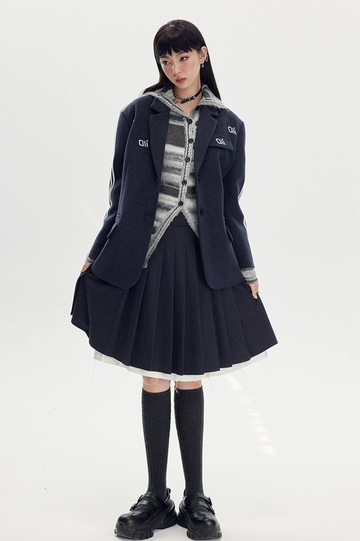 DIDDI MODA Retro Stripe Embroidered Wool Blend Tailored Coat