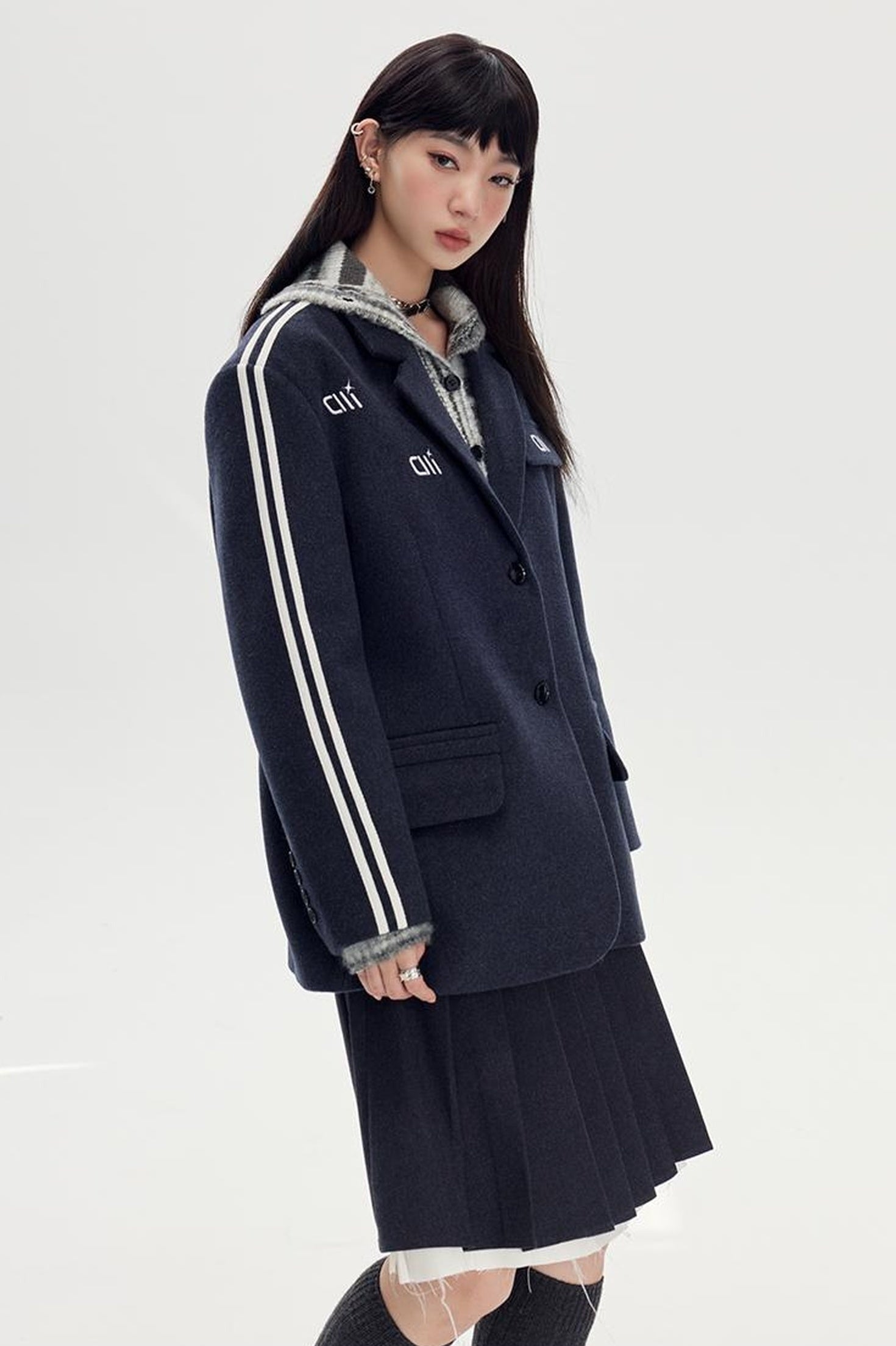 DIDDI MODA Retro Stripe Embroidered Wool Blend Tailored Coat