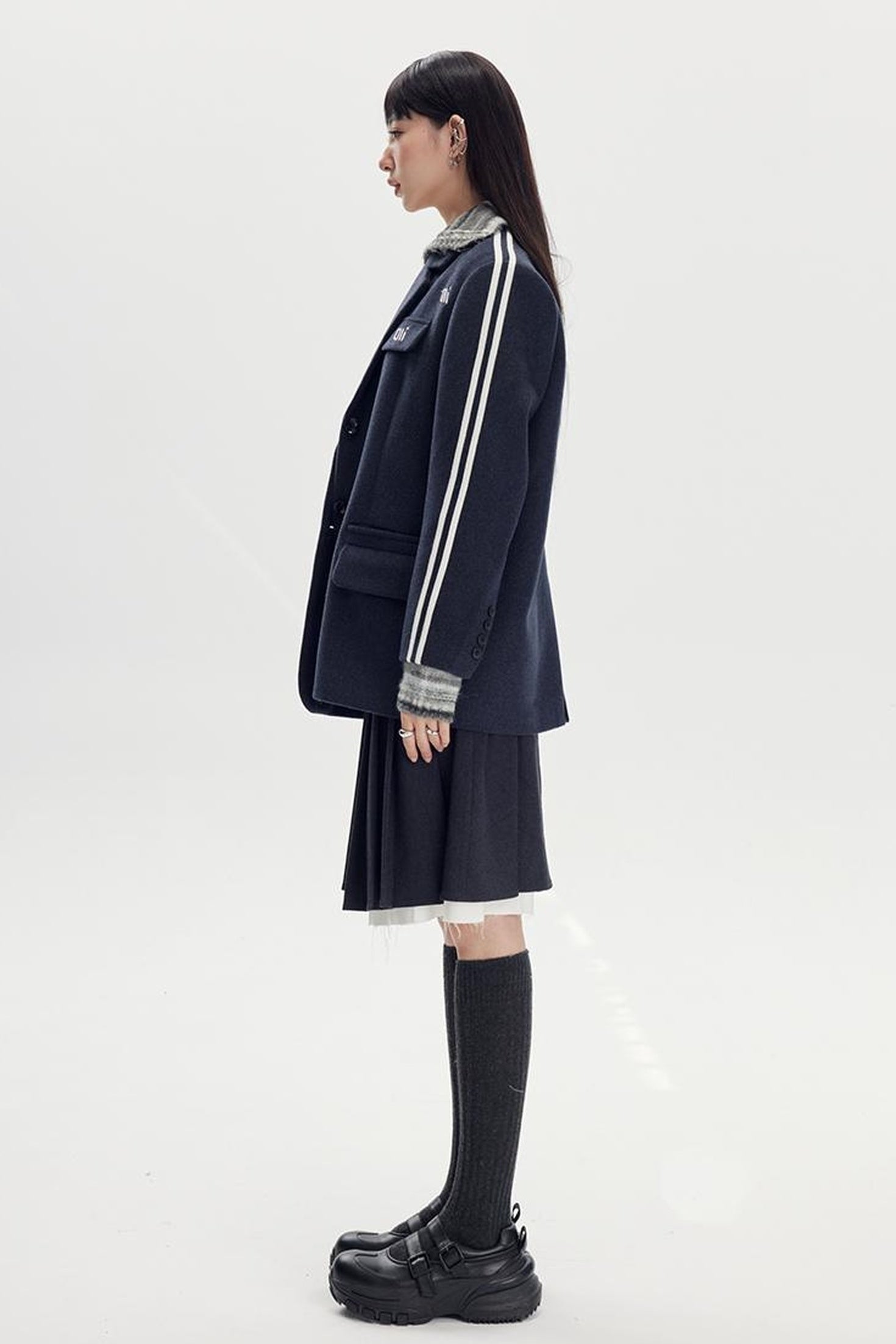 DIDDI MODA Retro Stripe Embroidered Wool Blend Tailored Coat