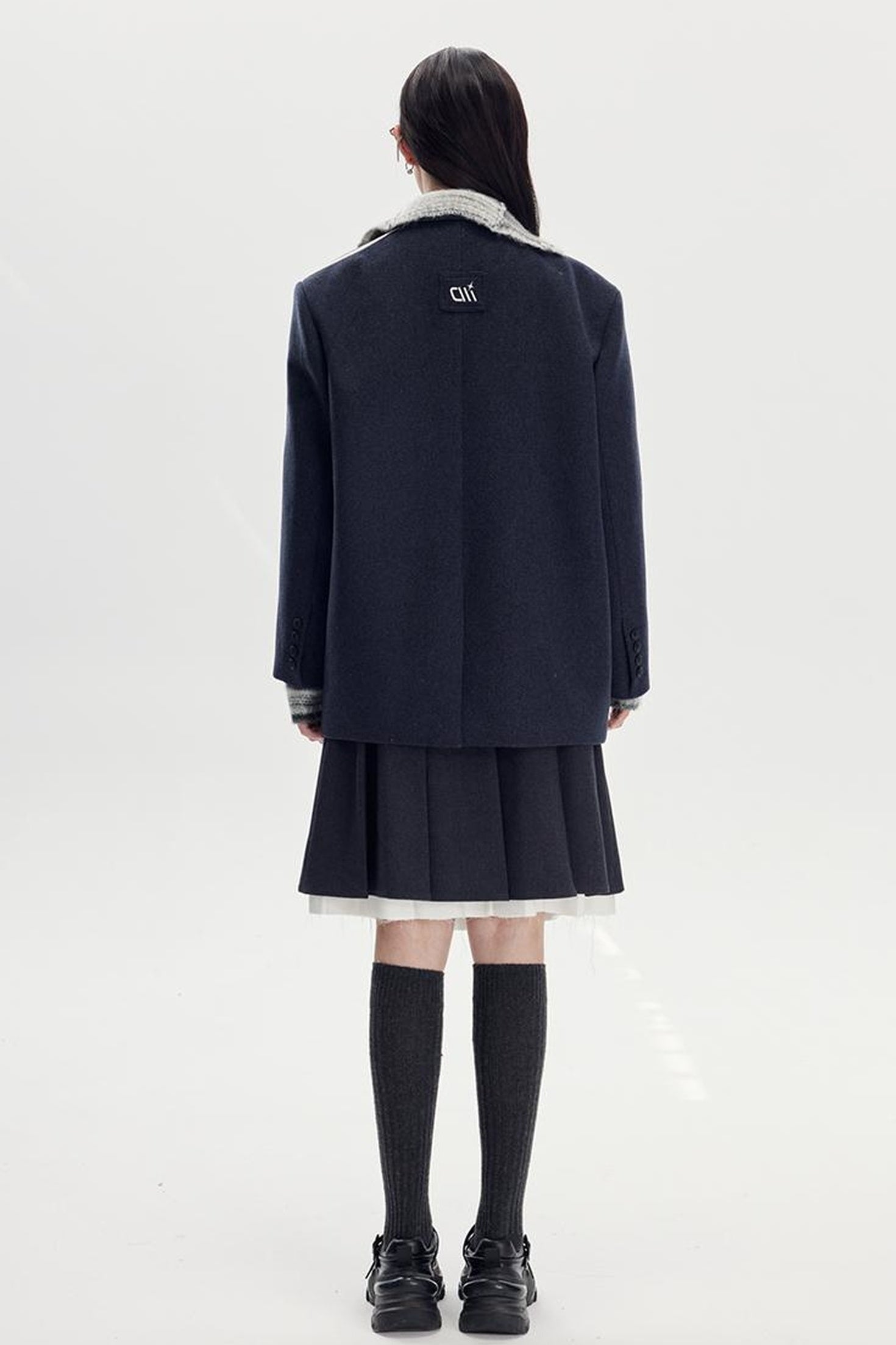 DIDDI MODA Retro Stripe Embroidered Wool Blend Tailored Coat