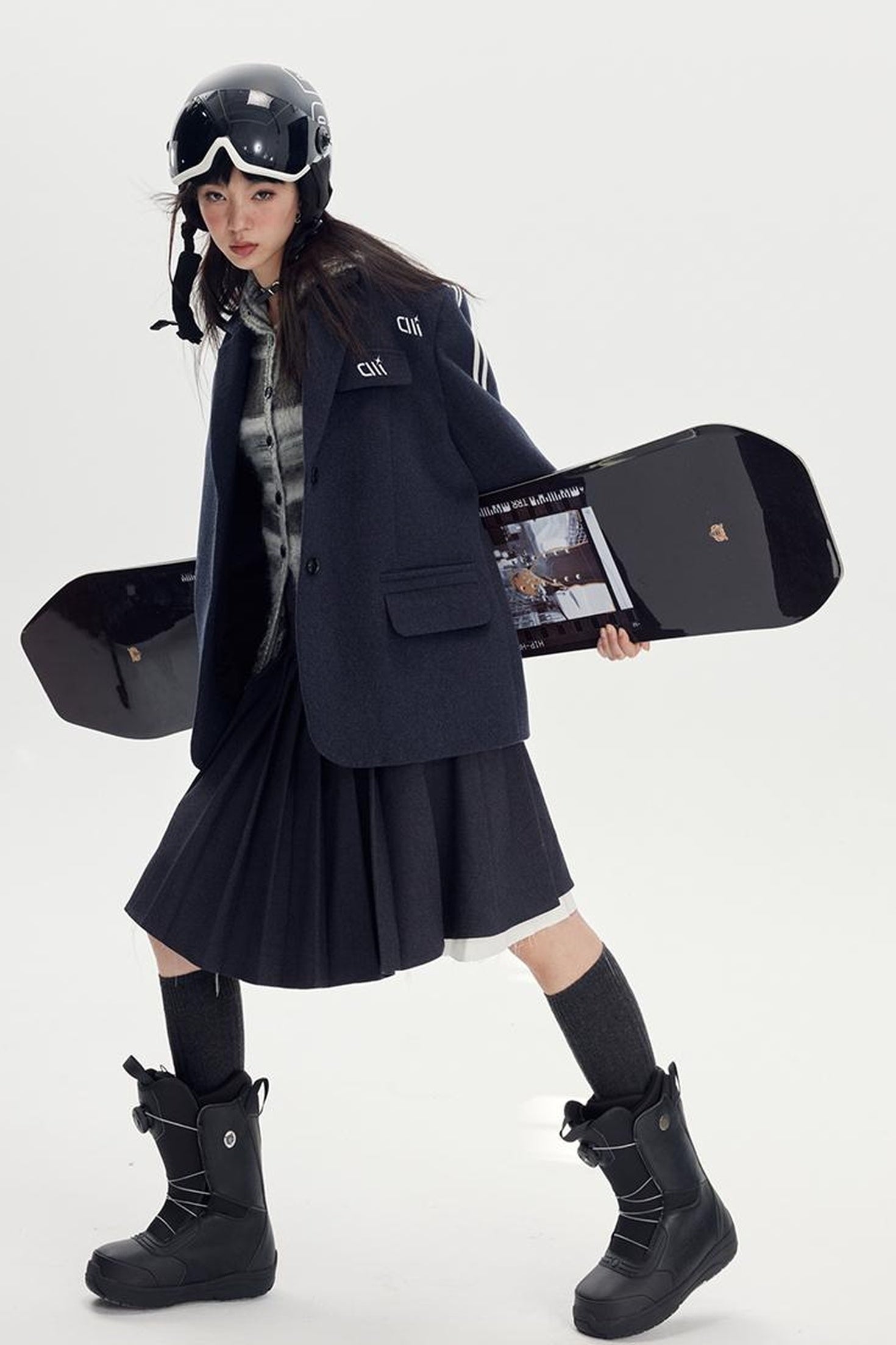 DIDDI MODA Retro Stripe Embroidered Wool Blend Tailored Coat