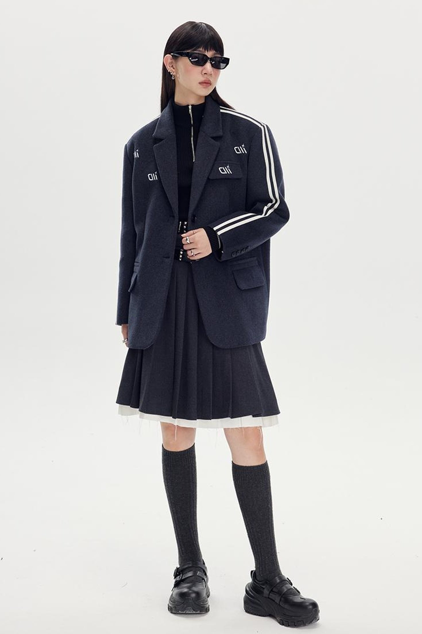 DIDDI MODA Retro Stripe Embroidered Wool Blend Tailored Coat