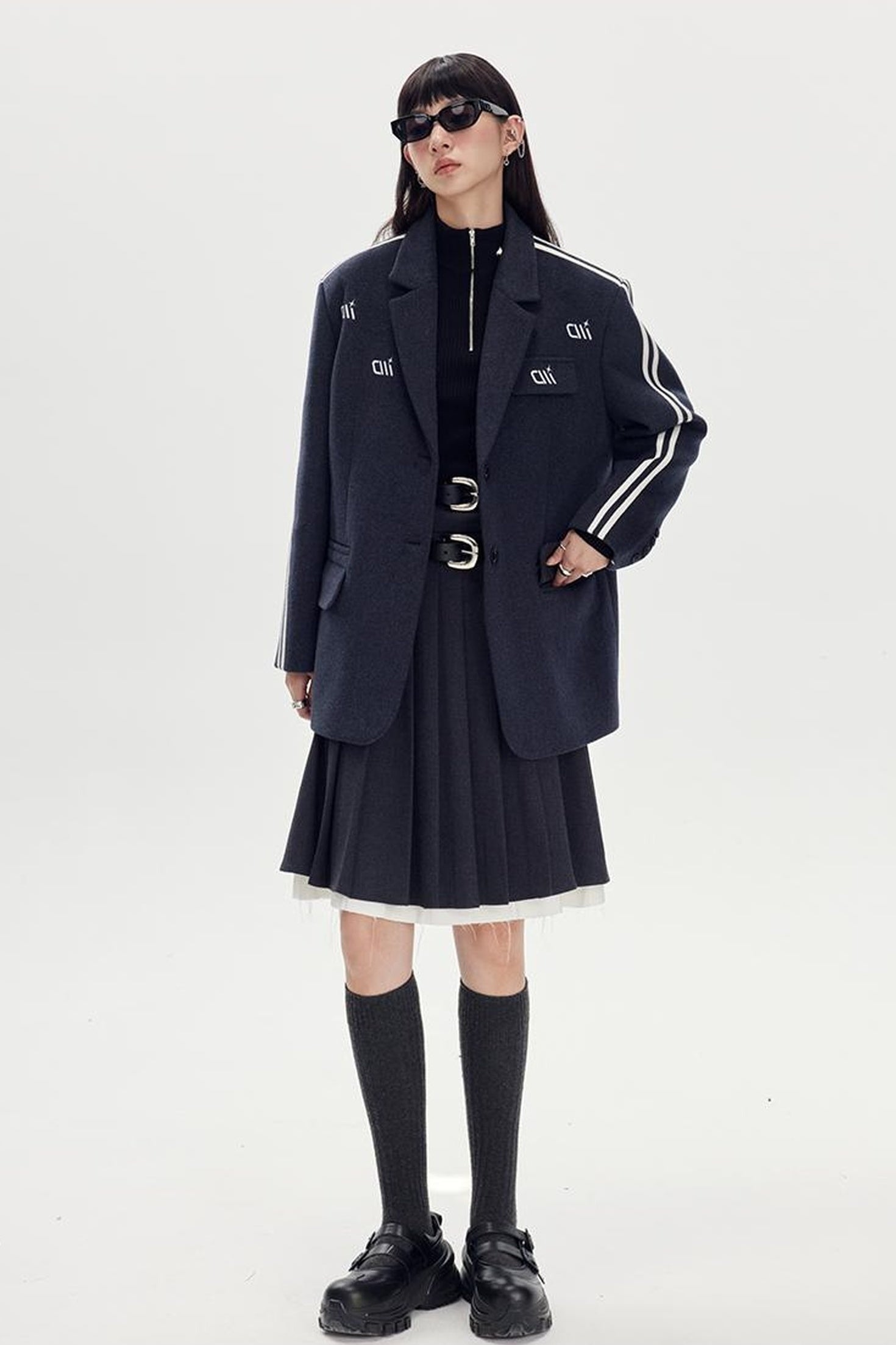 DIDDI MODA Retro Stripe Embroidered Wool Blend Tailored Coat