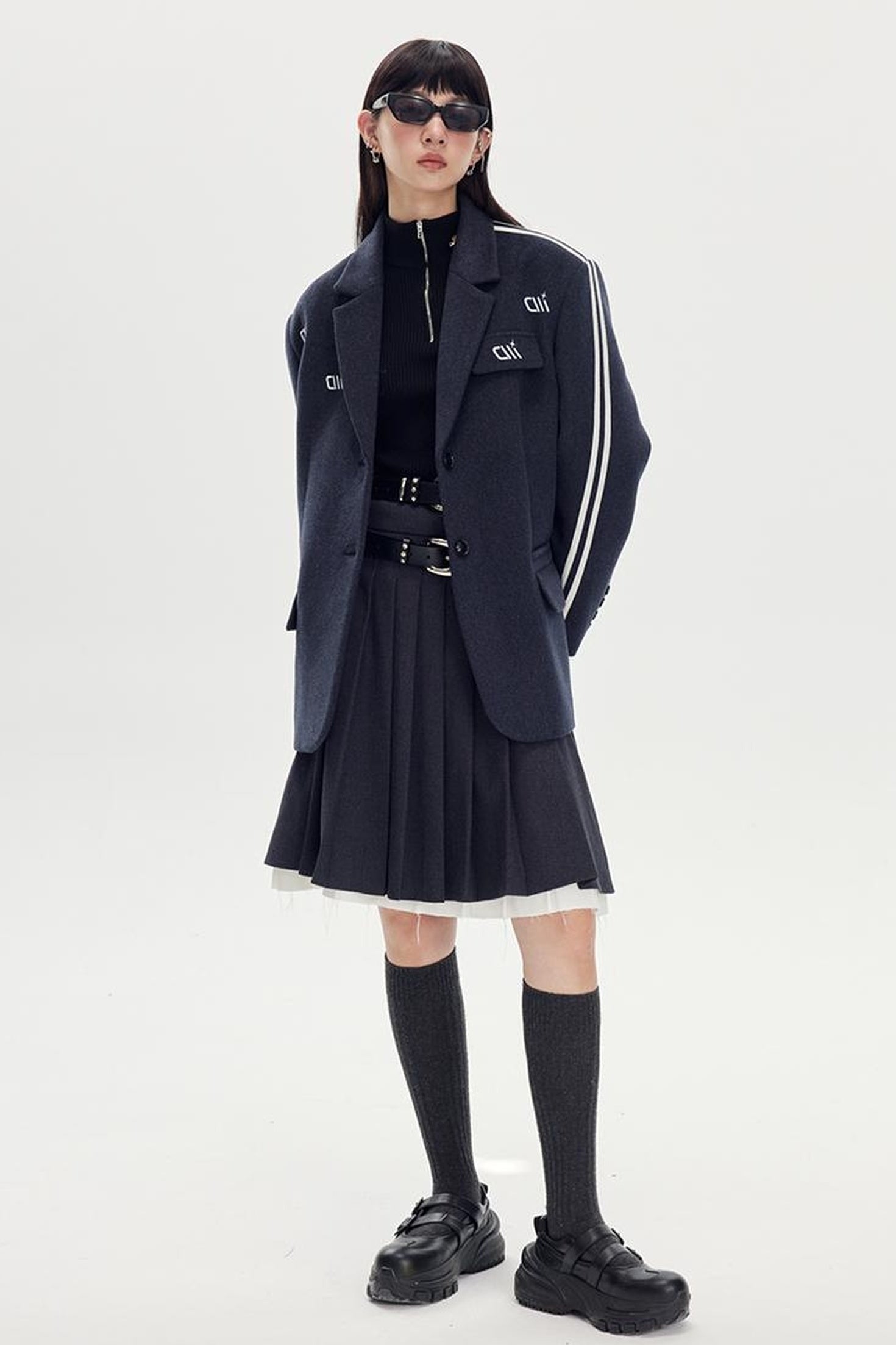 DIDDI MODA Retro Stripe Embroidered Wool Blend Tailored Coat