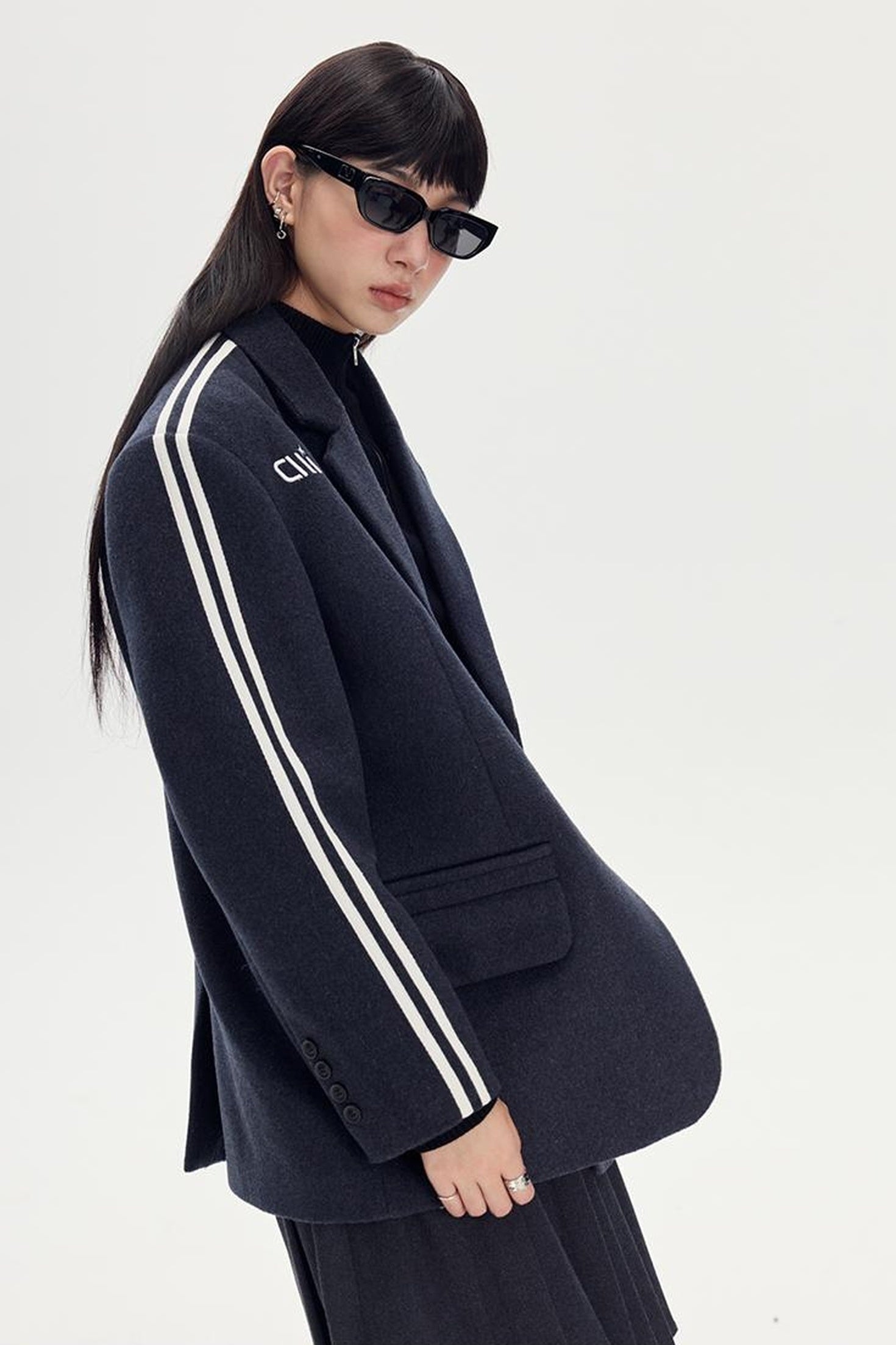 DIDDI MODA Retro Stripe Embroidered Wool Blend Tailored Coat