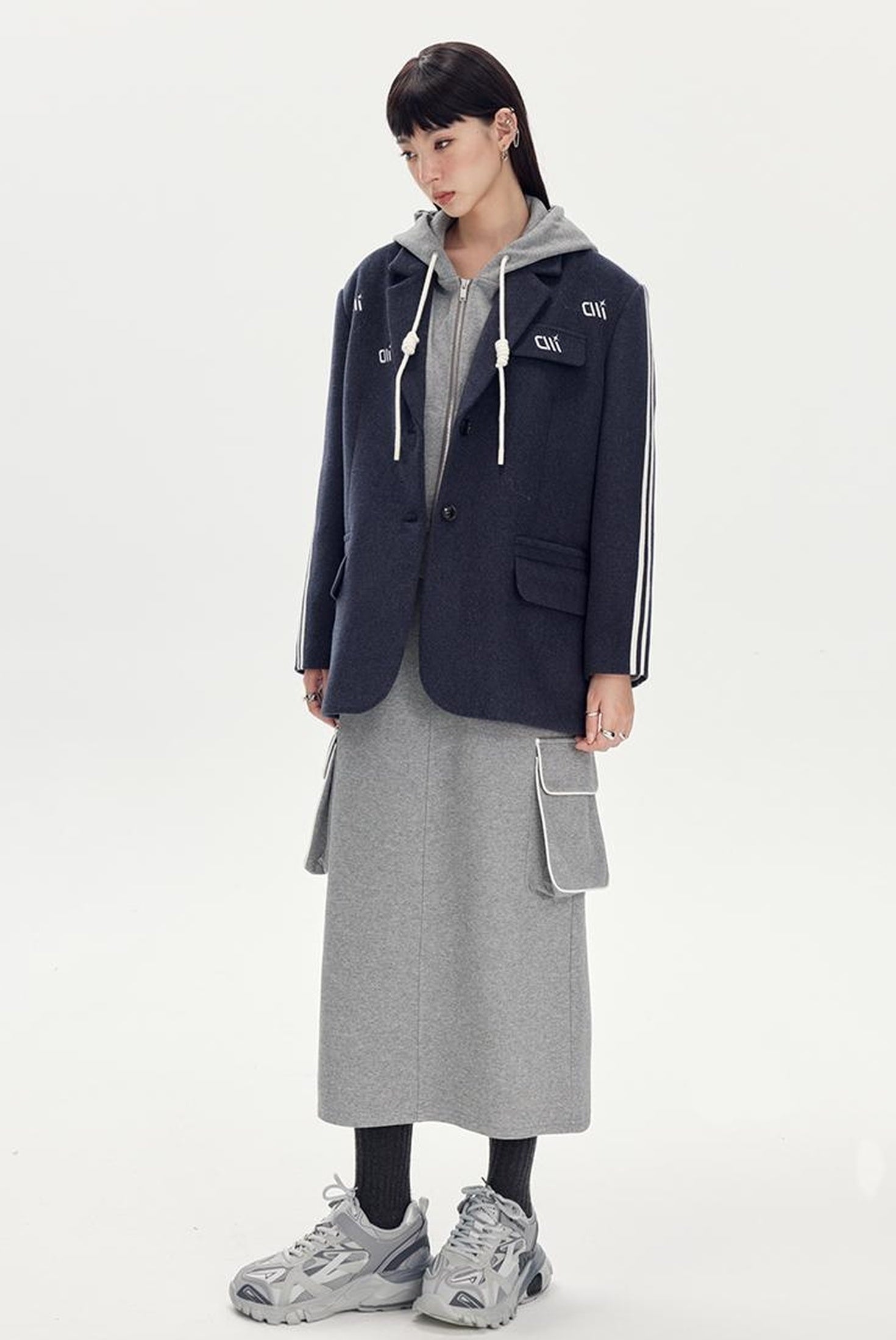 DIDDI MODA Retro Stripe Embroidered Wool Blend Tailored Coat