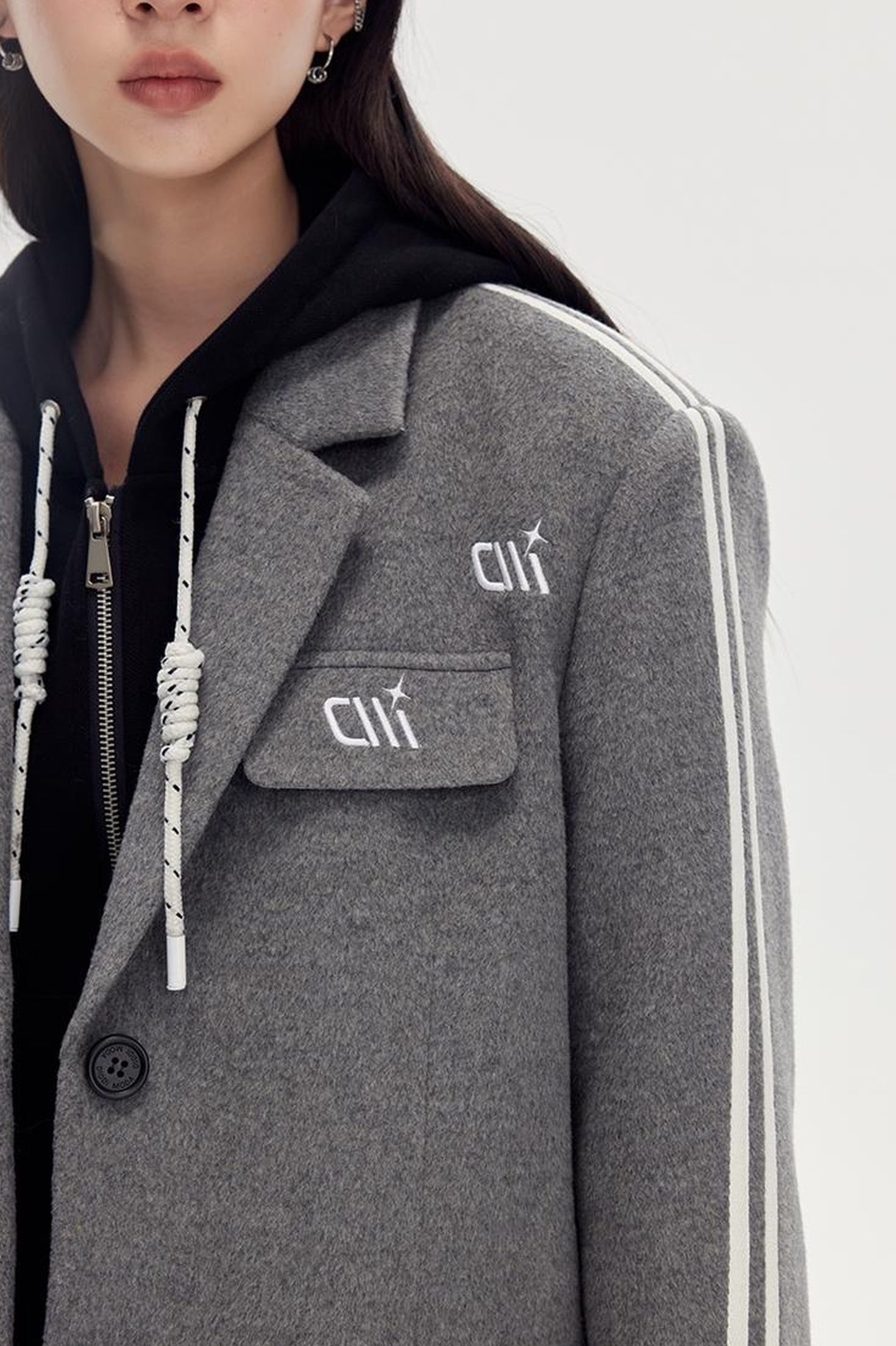 DIDDI MODA Retro Stripe Embroidered Wool Blend Tailored Coat