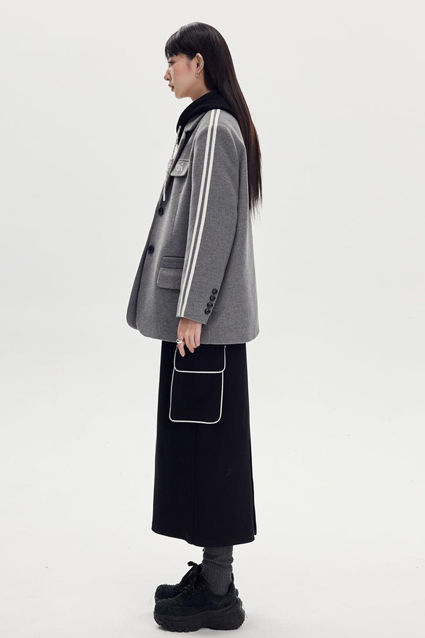 DIDDI MODA Retro Stripe Embroidered Wool Blend Tailored Coat