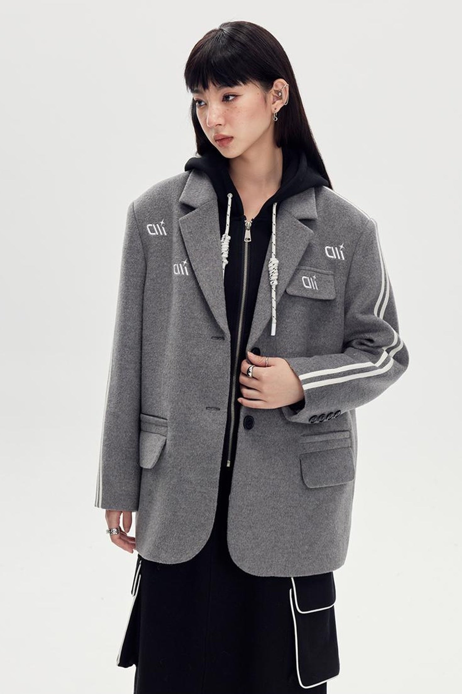 DIDDI MODA Retro Stripe Embroidered Wool Blend Tailored Coat