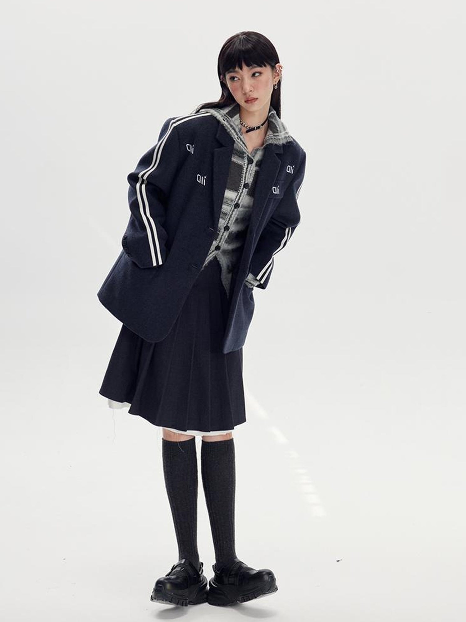 DIDDI MODA Retro Stripe Embroidered Wool Blend Tailored Coat