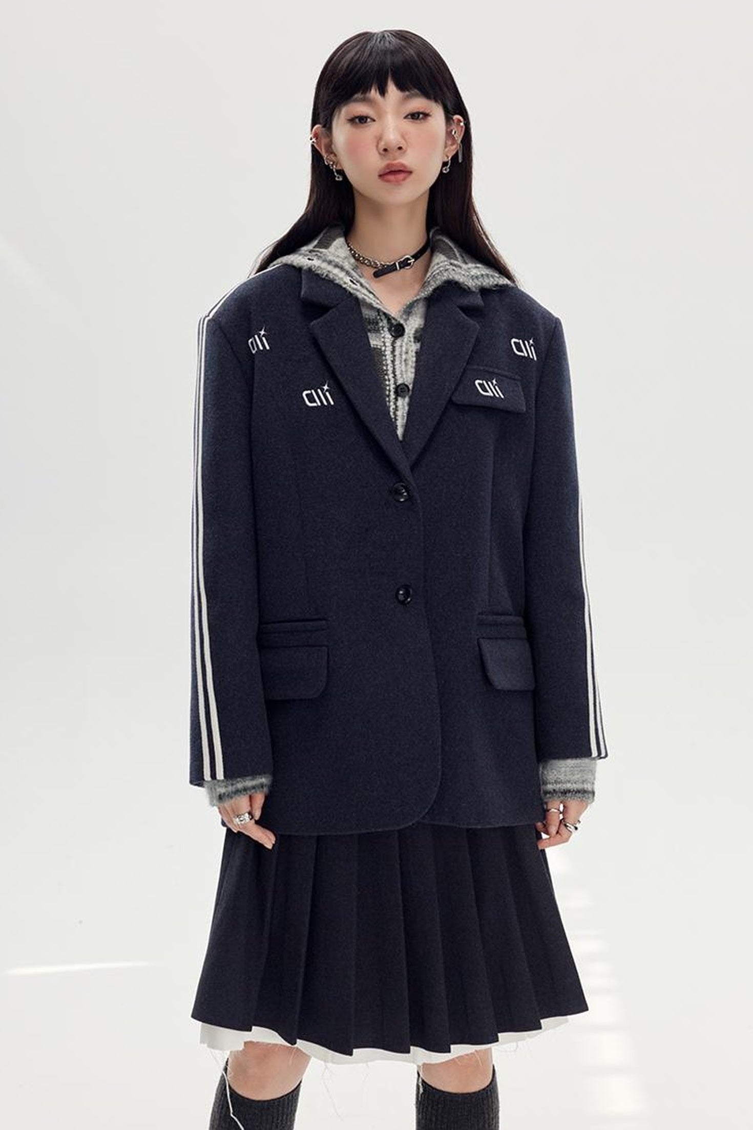 DIDDI MODA Retro Stripe Embroidered Wool Blend Tailored Coat