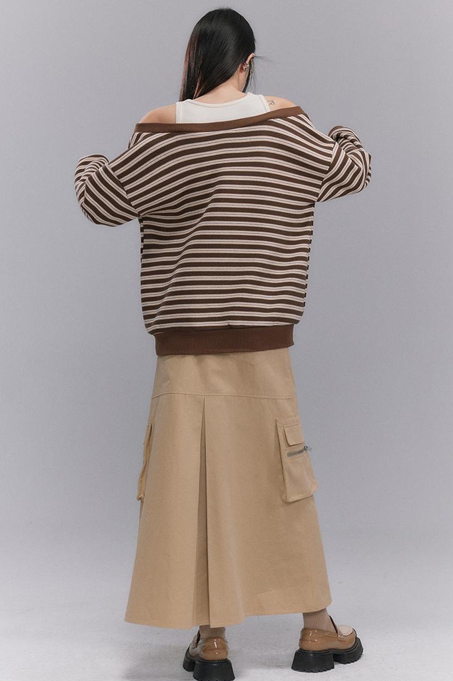 DIDDI MODA Retro Stripe Off Shoulder V Neck Sweatshirt