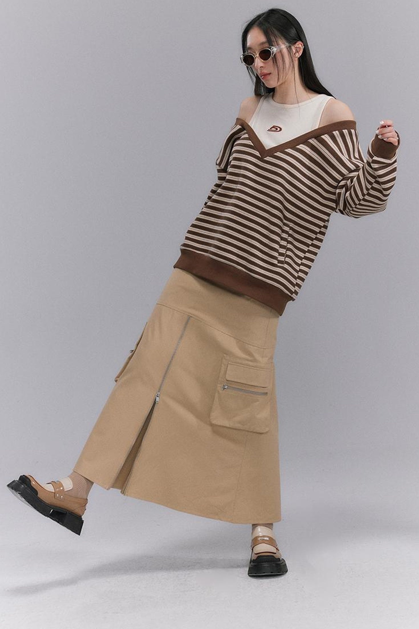 DIDDI MODA Retro Stripe Off Shoulder V Neck Sweatshirt