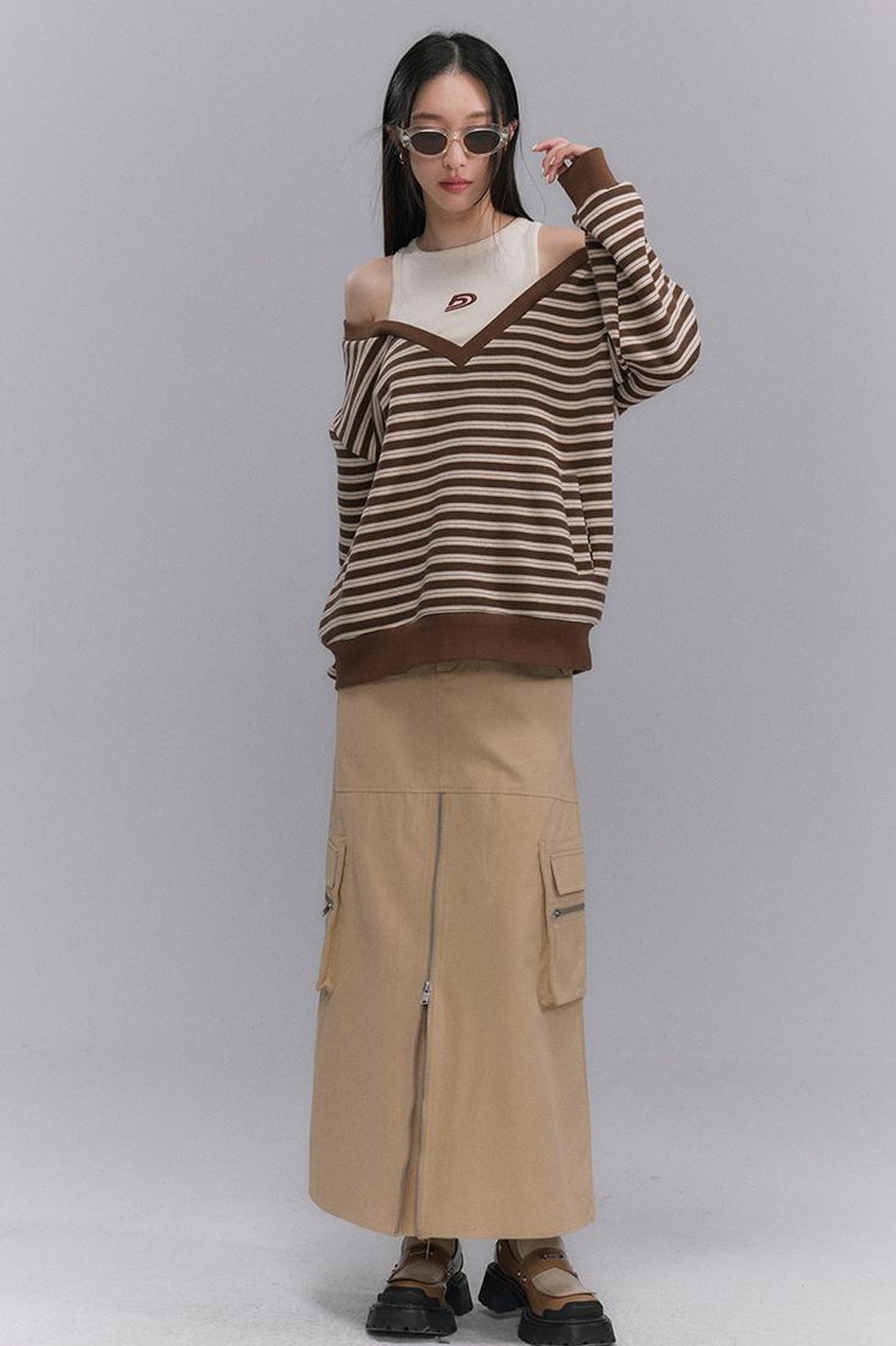 DIDDI MODA Retro Stripe Off Shoulder V Neck Sweatshirt