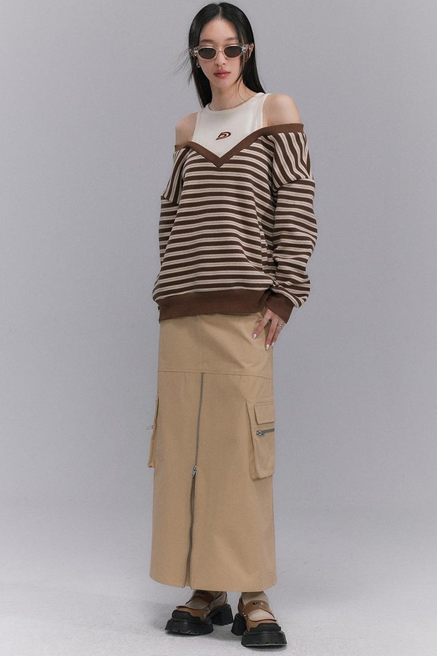 DIDDI MODA Retro Stripe Off Shoulder V Neck Sweatshirt