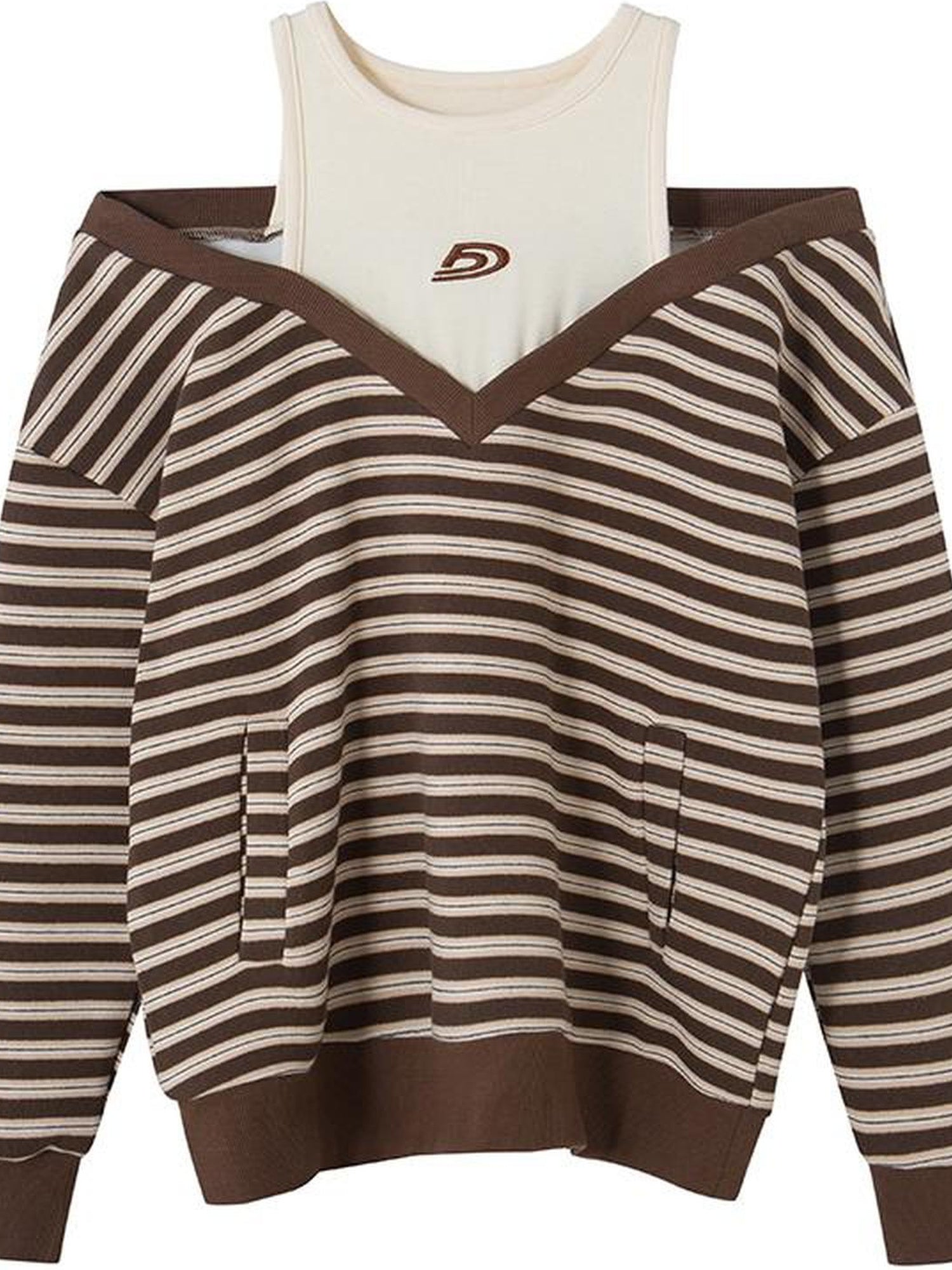 DIDDI MODA Retro Stripe Off Shoulder V Neck Sweatshirt