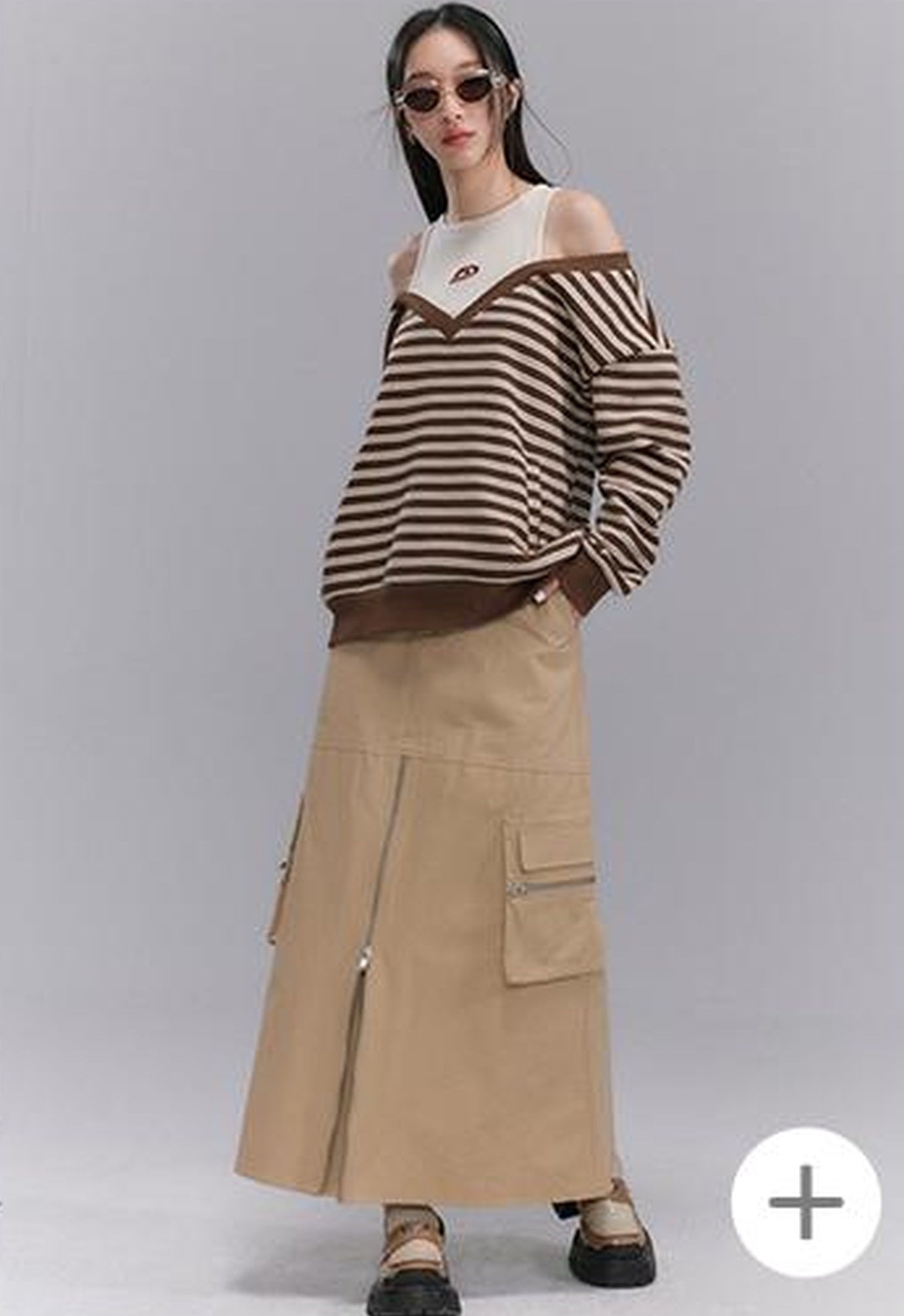 DIDDI MODA Retro Stripe Off Shoulder V Neck Sweatshirt