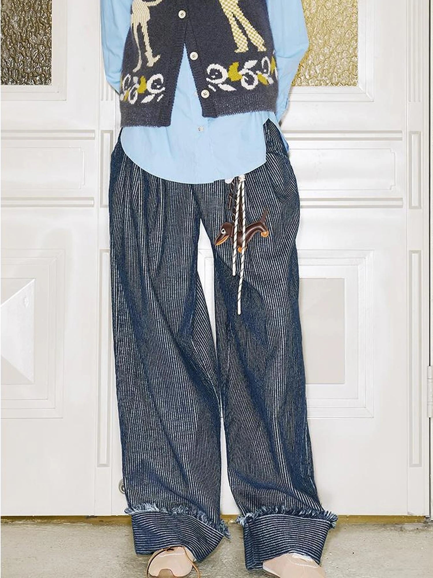 Retro Striped Corduroy Pants Relaxed Straight Leg