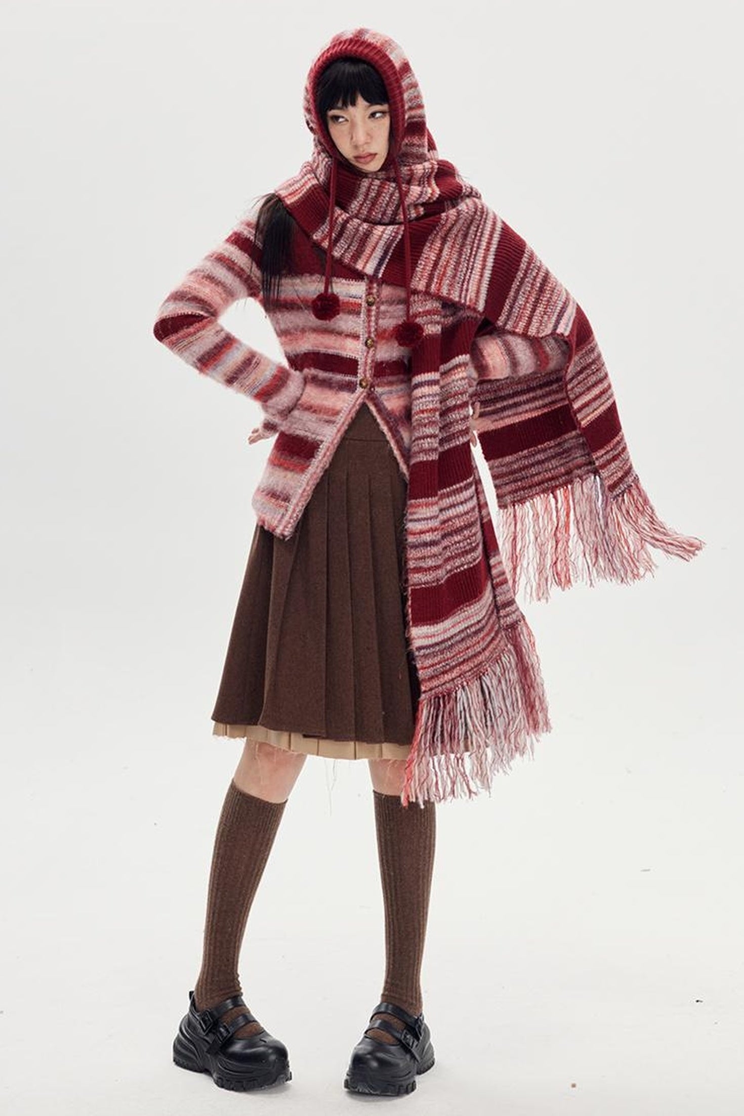 DIDDI MODA Retro Striped Knit Beanie Scarf Set