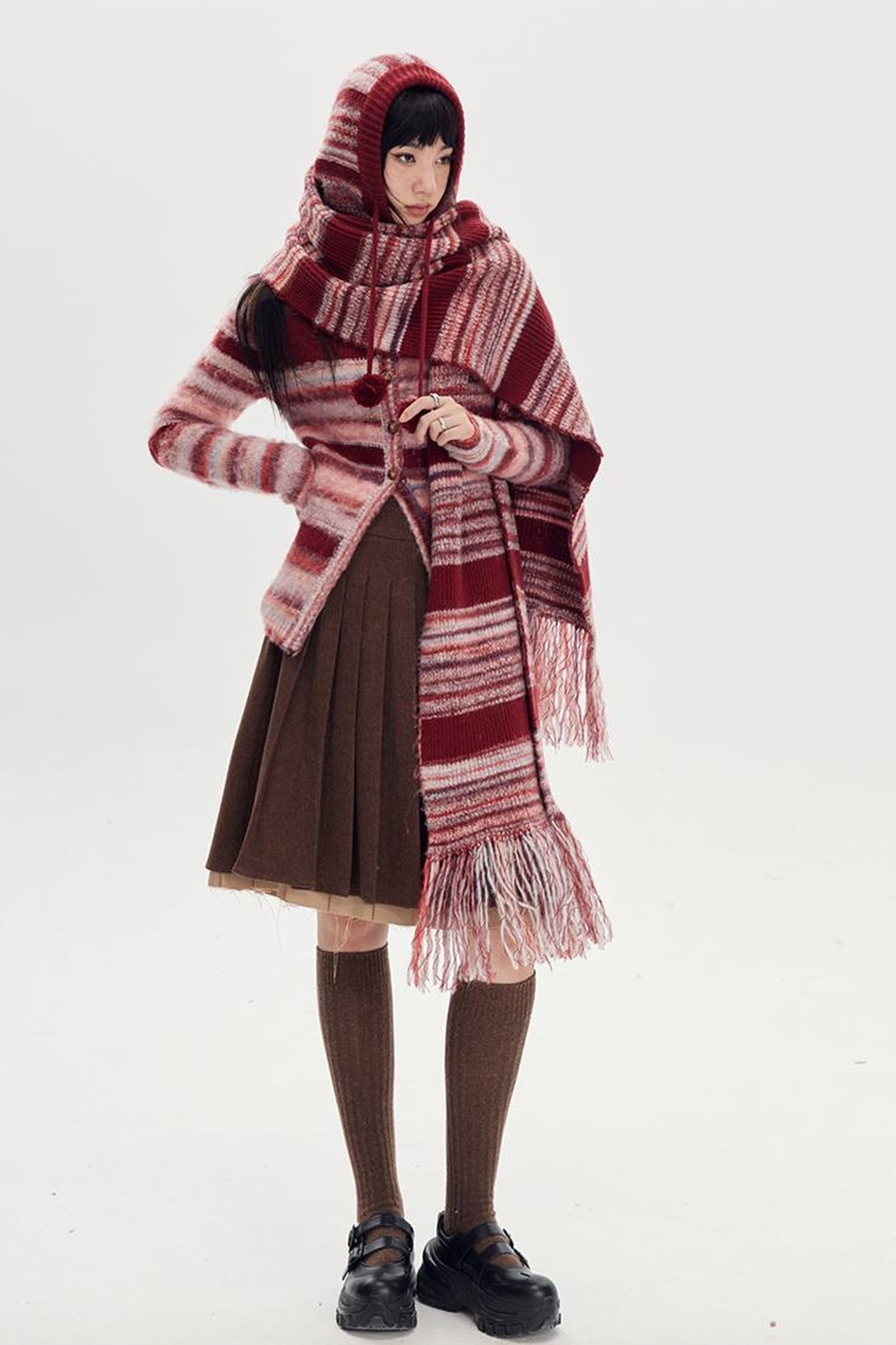 DIDDI MODA Retro Striped Knit Beanie Scarf Set