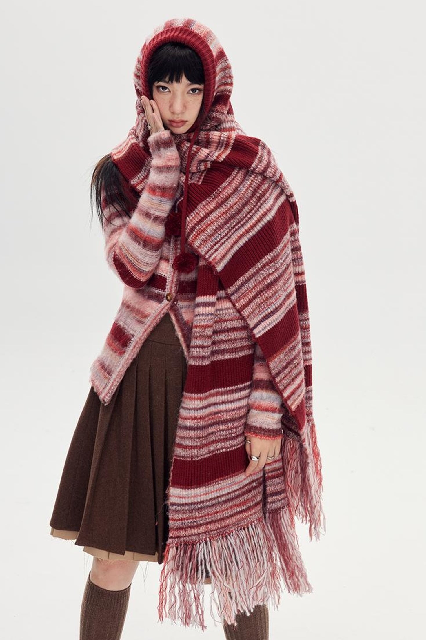 DIDDI MODA Retro Striped Knit Beanie Scarf Set