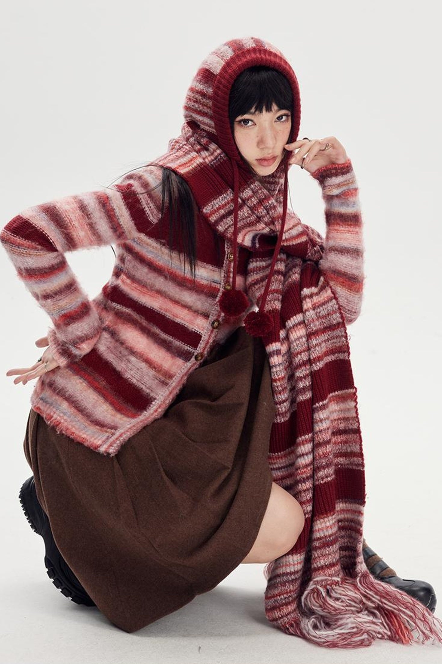 DIDDI MODA Retro Striped Knit Beanie Scarf Set
