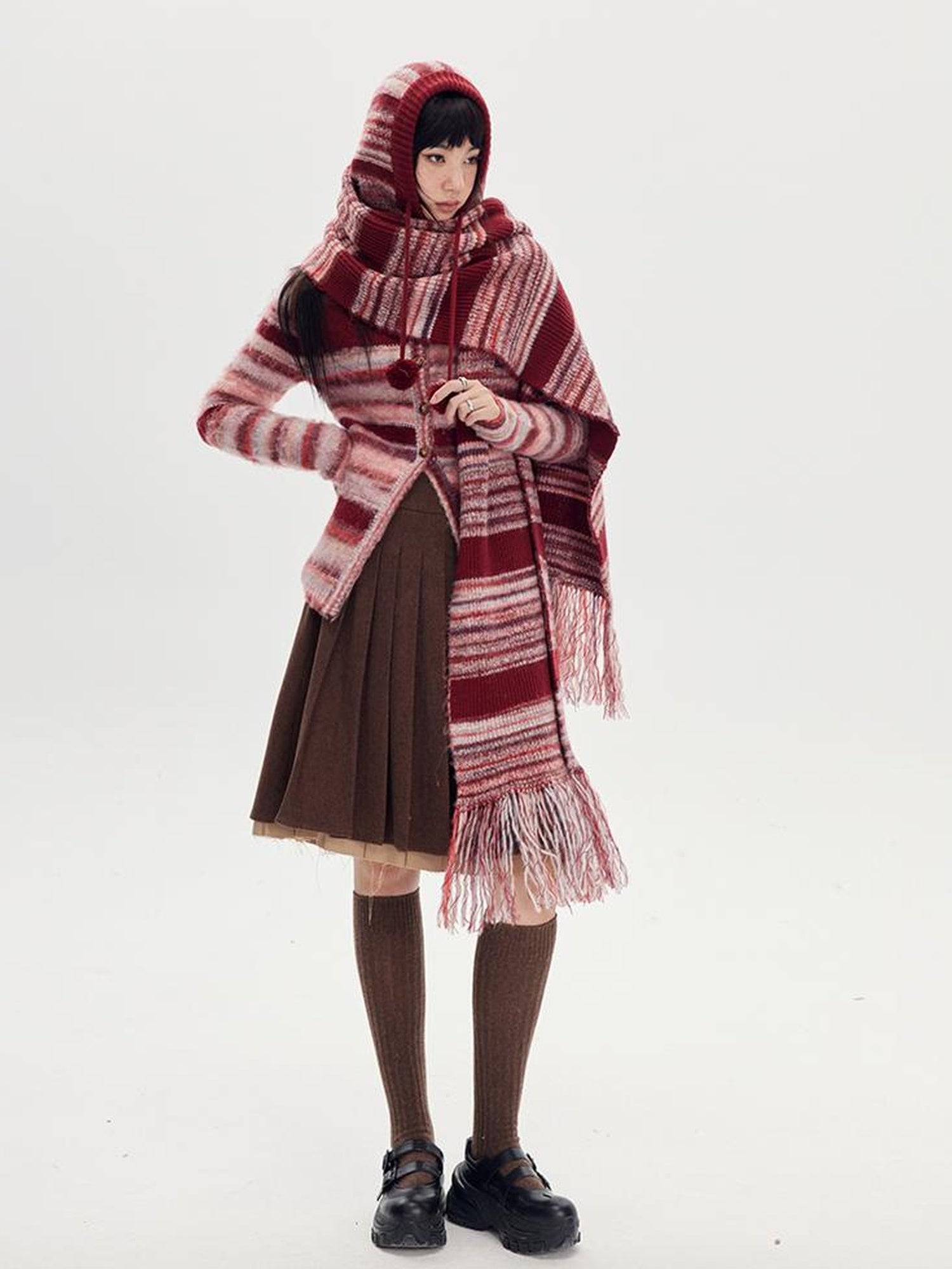 DIDDI MODA Retro Striped Knit Beanie Scarf Set