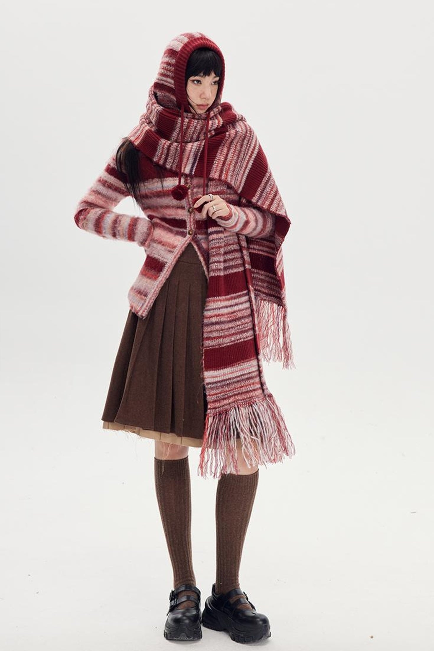 DIDDI MODA Retro Striped Knit Beanie Scarf Set