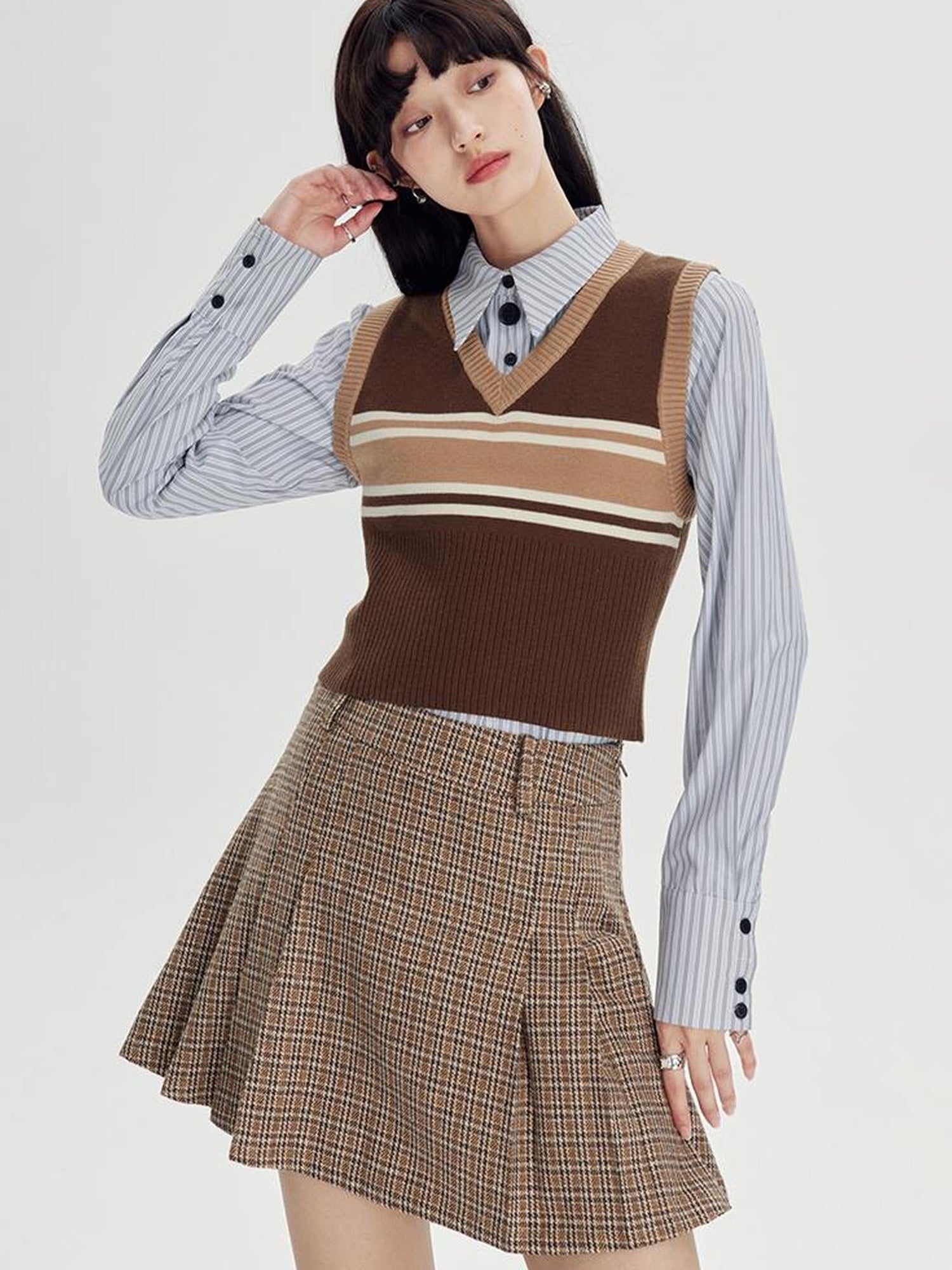 DIDDI MODA Retro Striped Knit Vest Slim Fit Long Hem