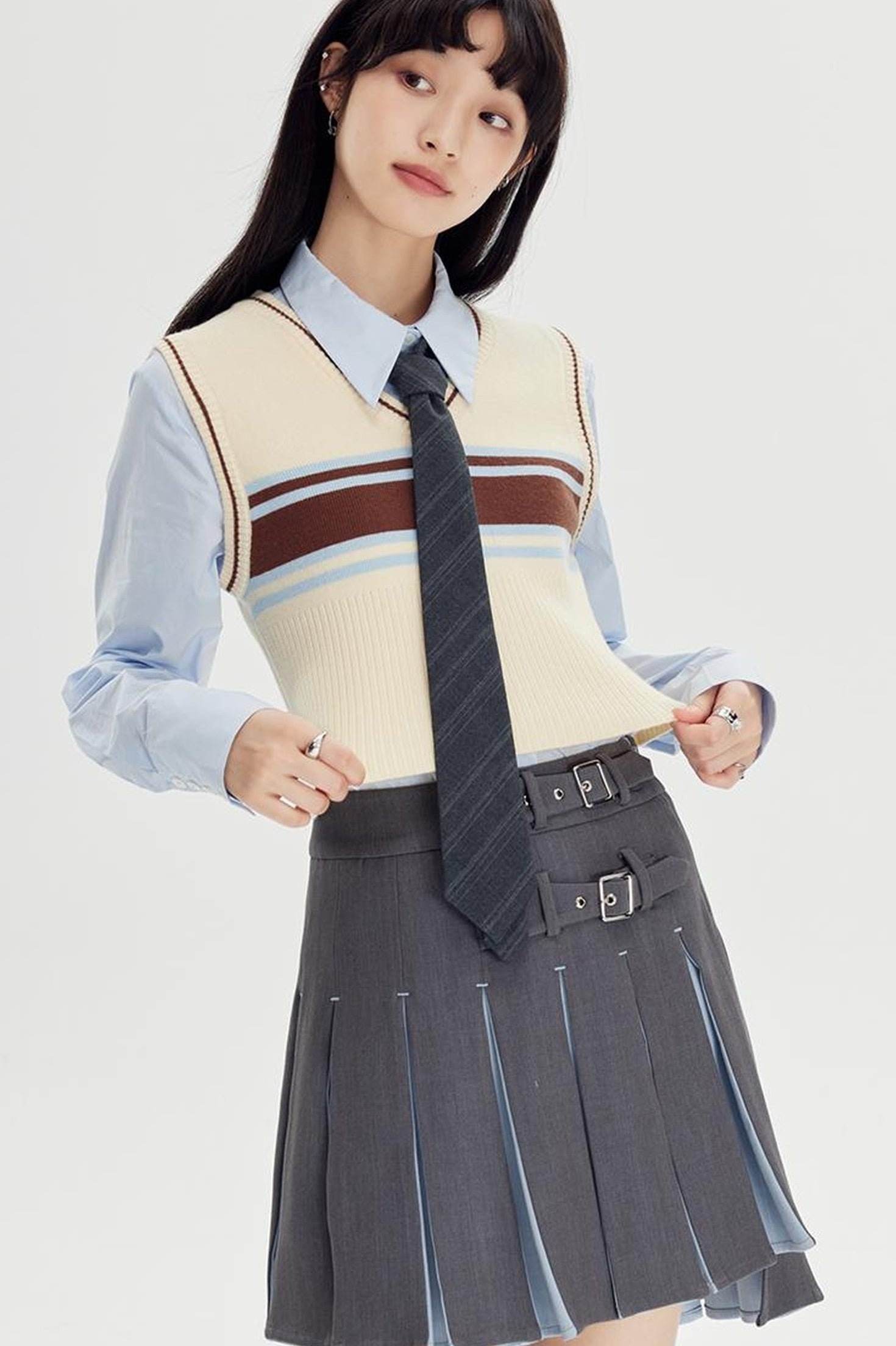 DIDDI MODA Retro Striped Knit Vest Slim Fit Long Hem