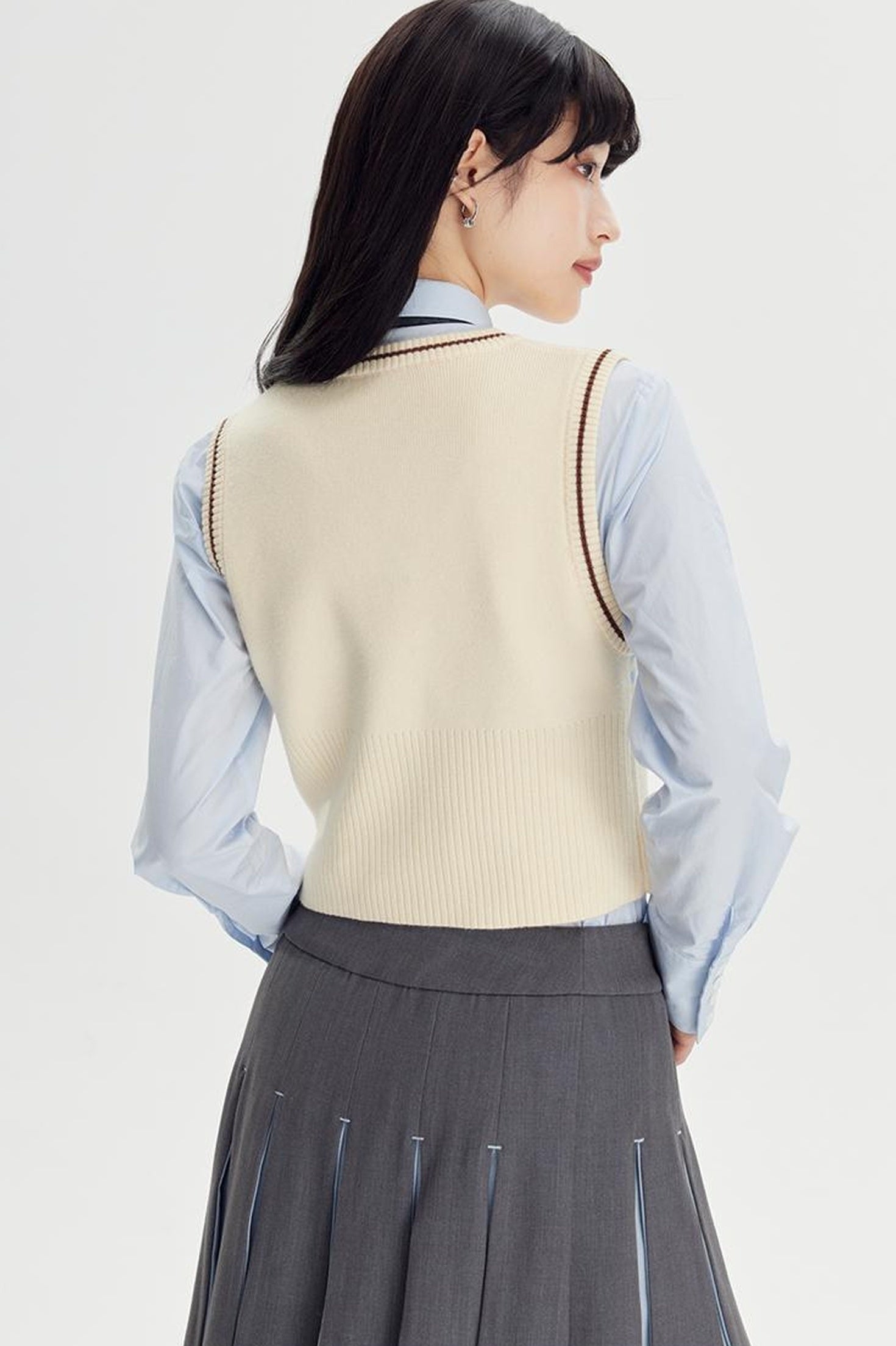 DIDDI MODA Retro Striped Knit Vest Slim Fit Long Hem