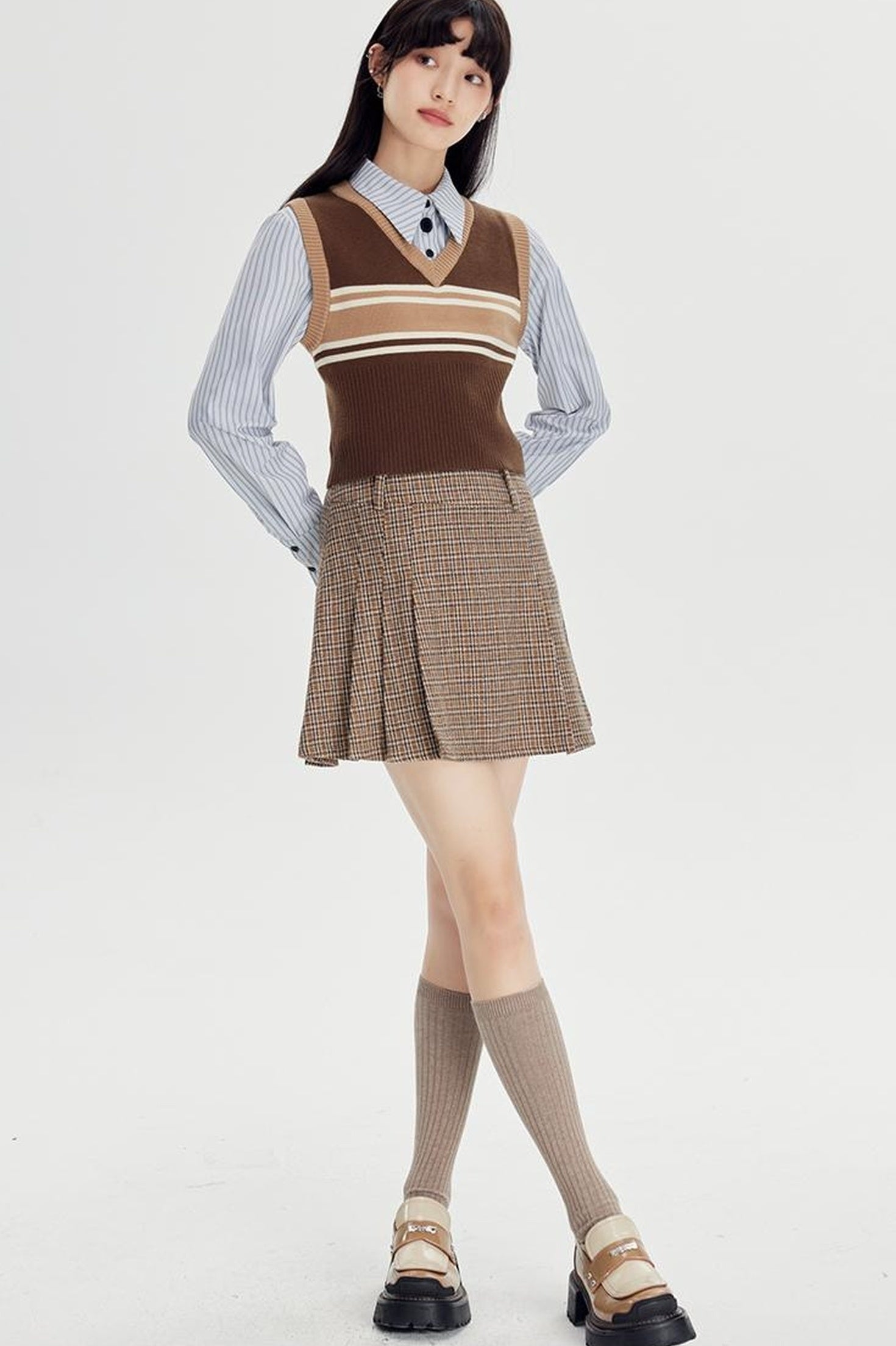 DIDDI MODA Retro Striped Knit Vest Slim Fit Long Hem