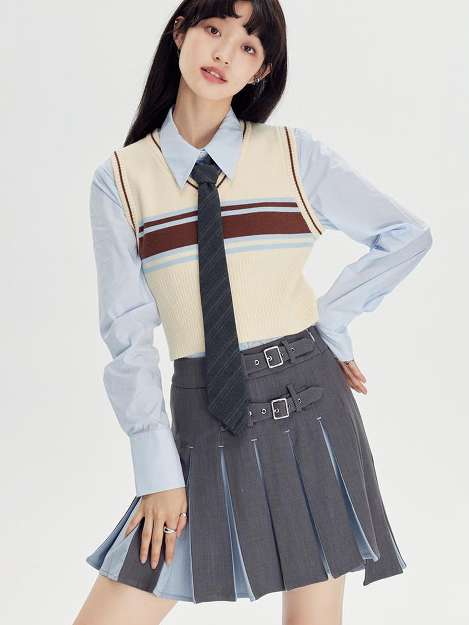 DIDDI MODA Retro Striped Knit Vest Slim Fit Long Hem