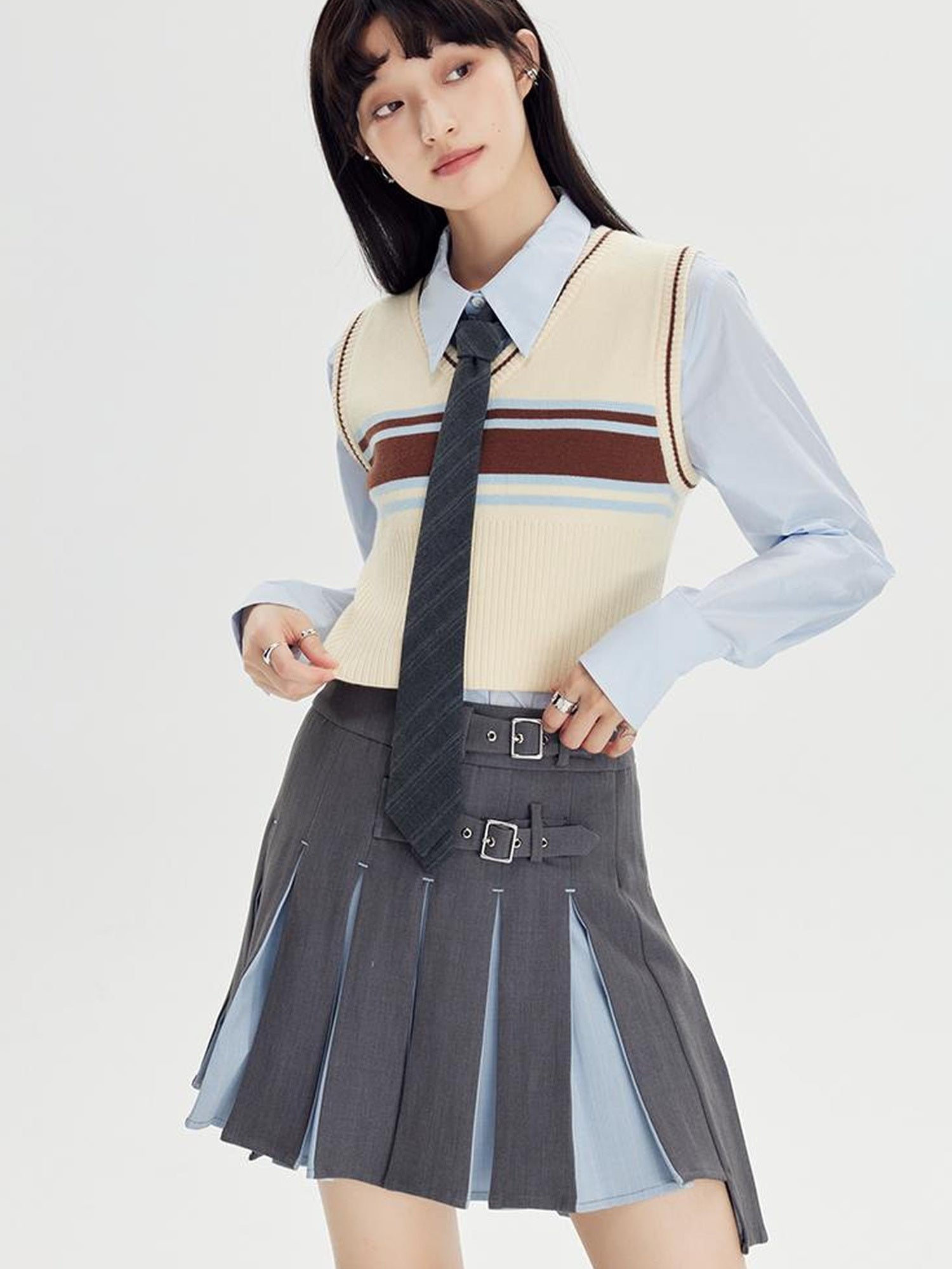 DIDDI MODA Retro Striped Knit Vest Slim Fit Long Hem