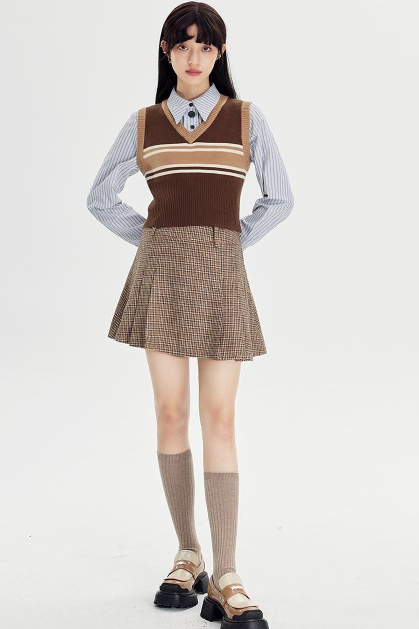 DIDDI MODA Retro Striped Knit Vest Slim Fit Long Hem