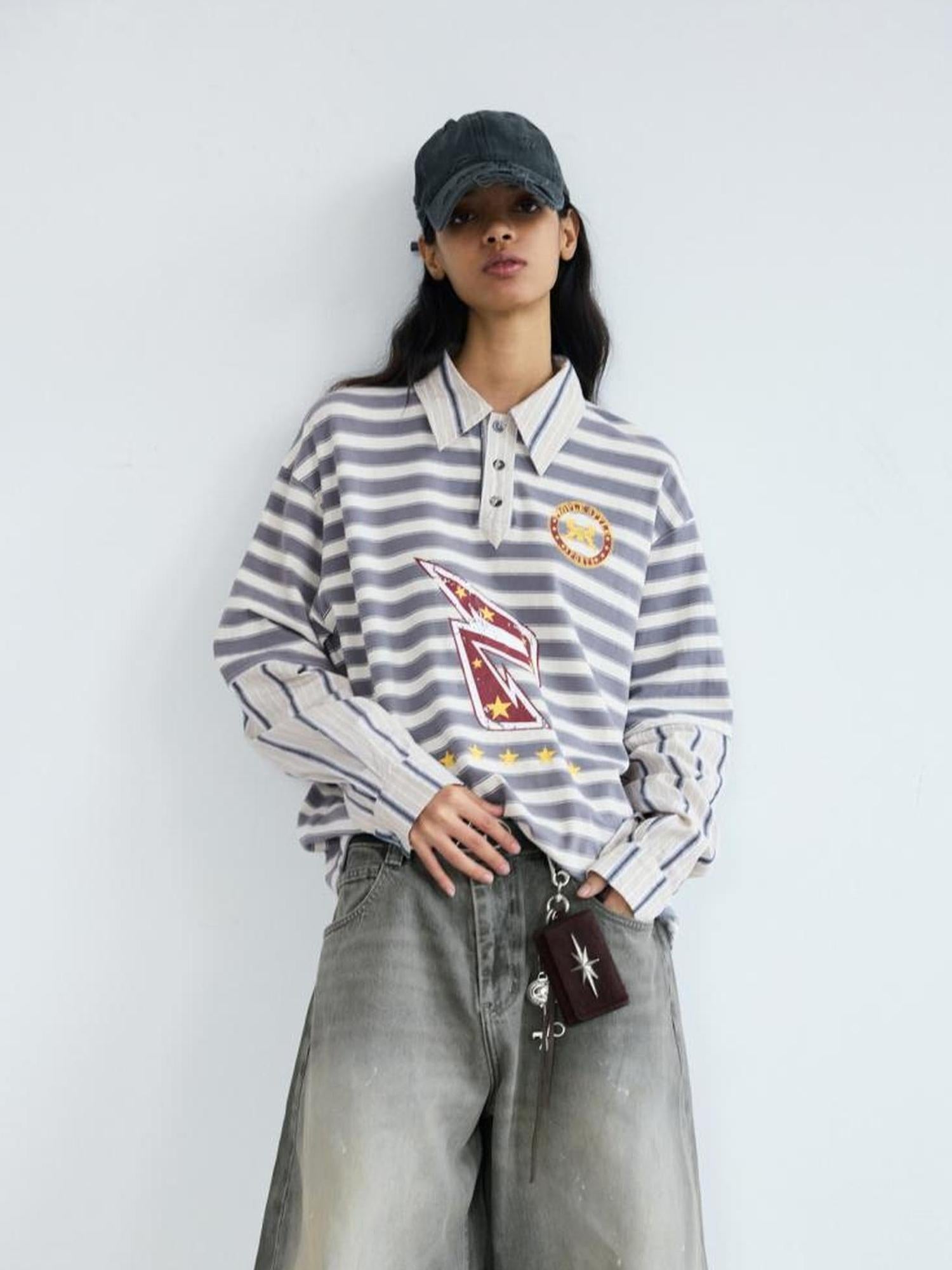 Peoplesense Retro Striped Polo Collar Long Sleeve Loose Fit T Shirt
