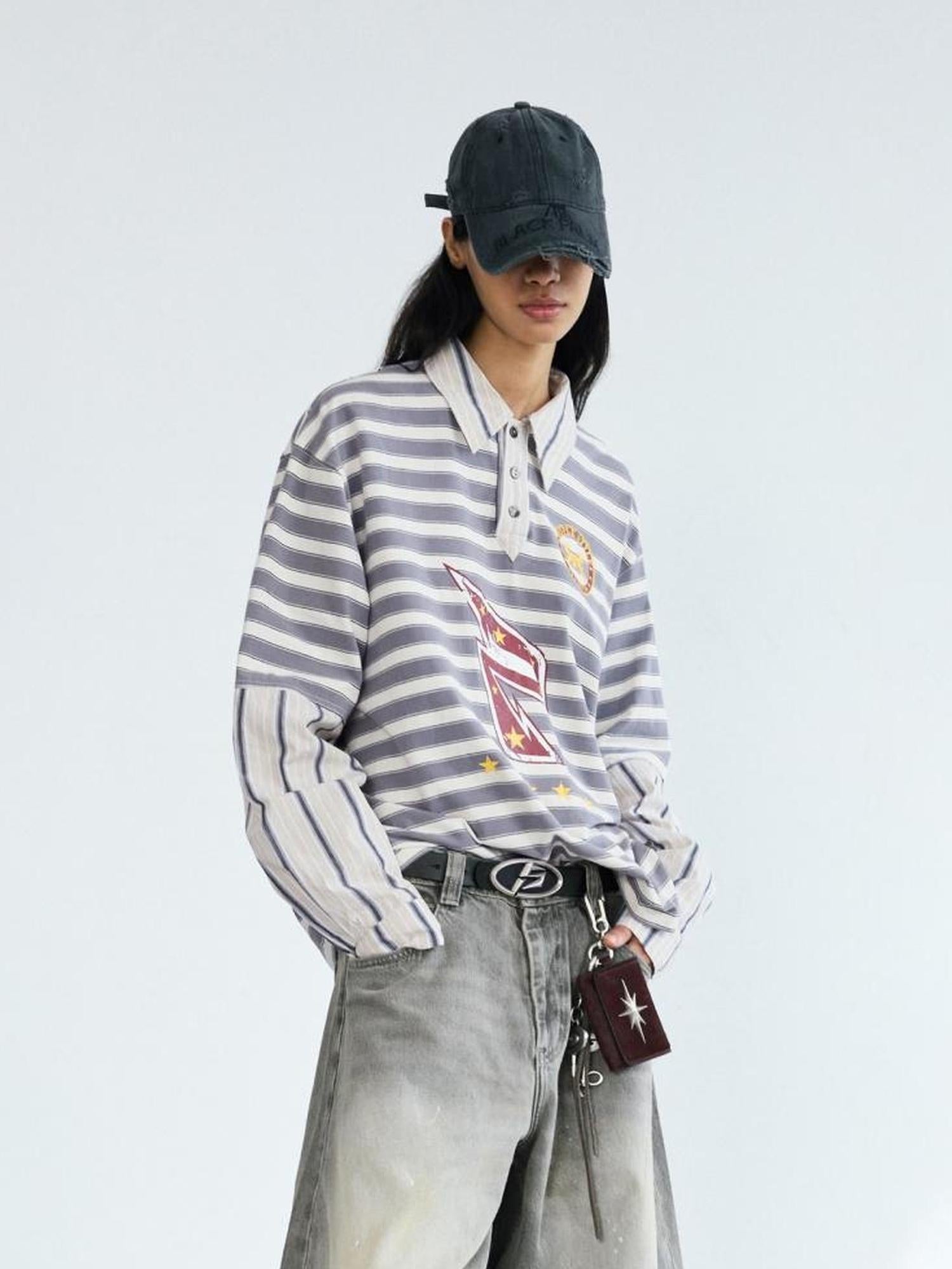 Peoplesense Retro Striped Polo Collar Long Sleeve Loose Fit T Shirt