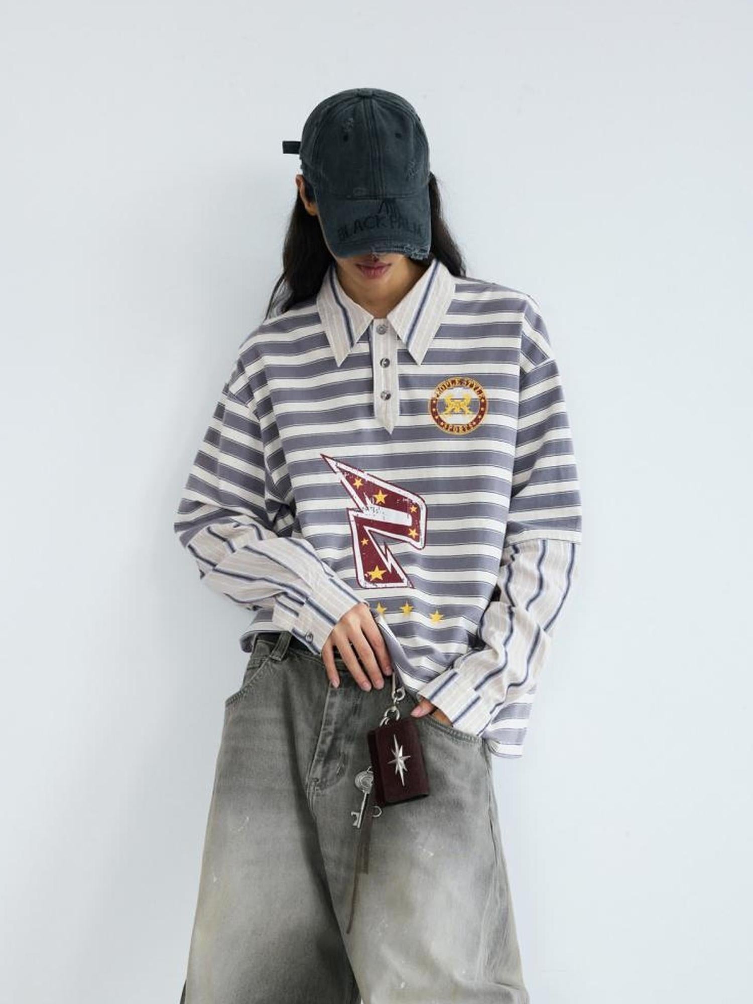 Peoplesense Retro Striped Polo Collar Long Sleeve Loose Fit T Shirt
