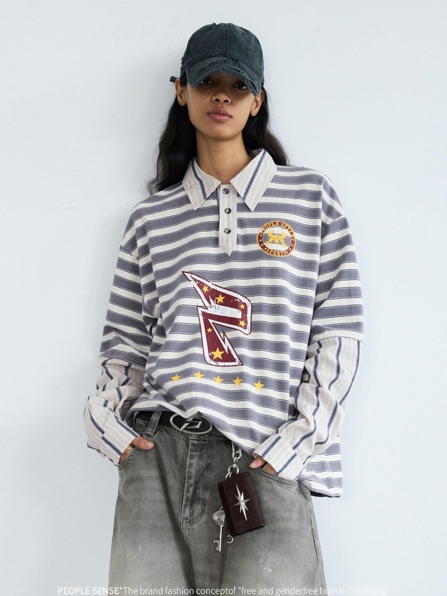 Peoplesense Retro Striped Polo Collar Long Sleeve Loose Fit T Shirt