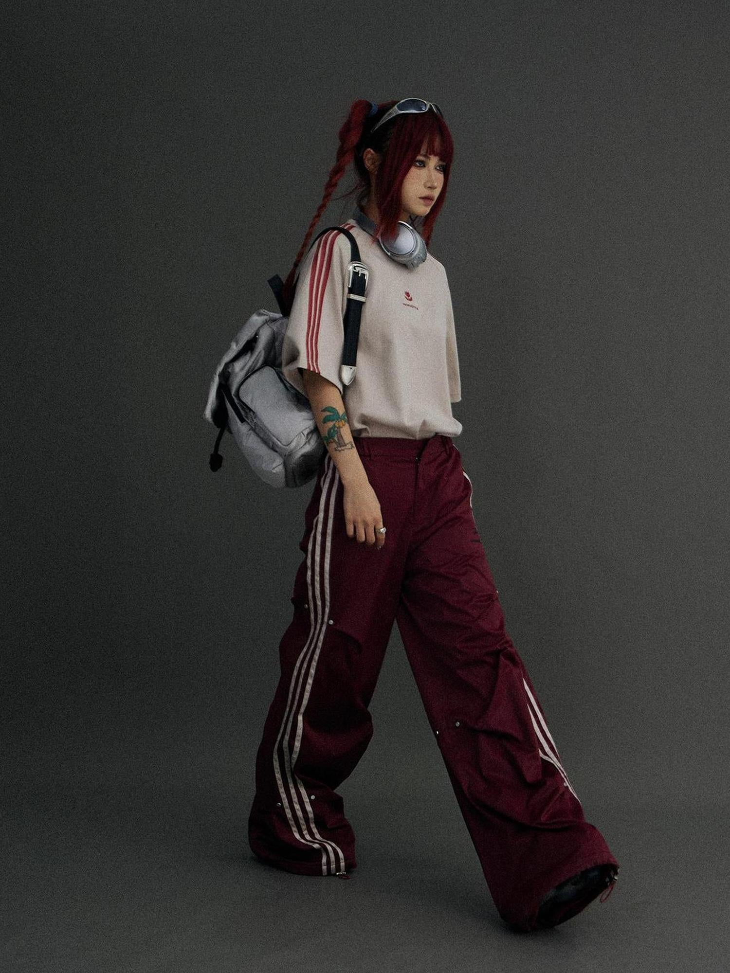Peoplesense Retro Striped Wide Leg Quick Dry Parachute Pants