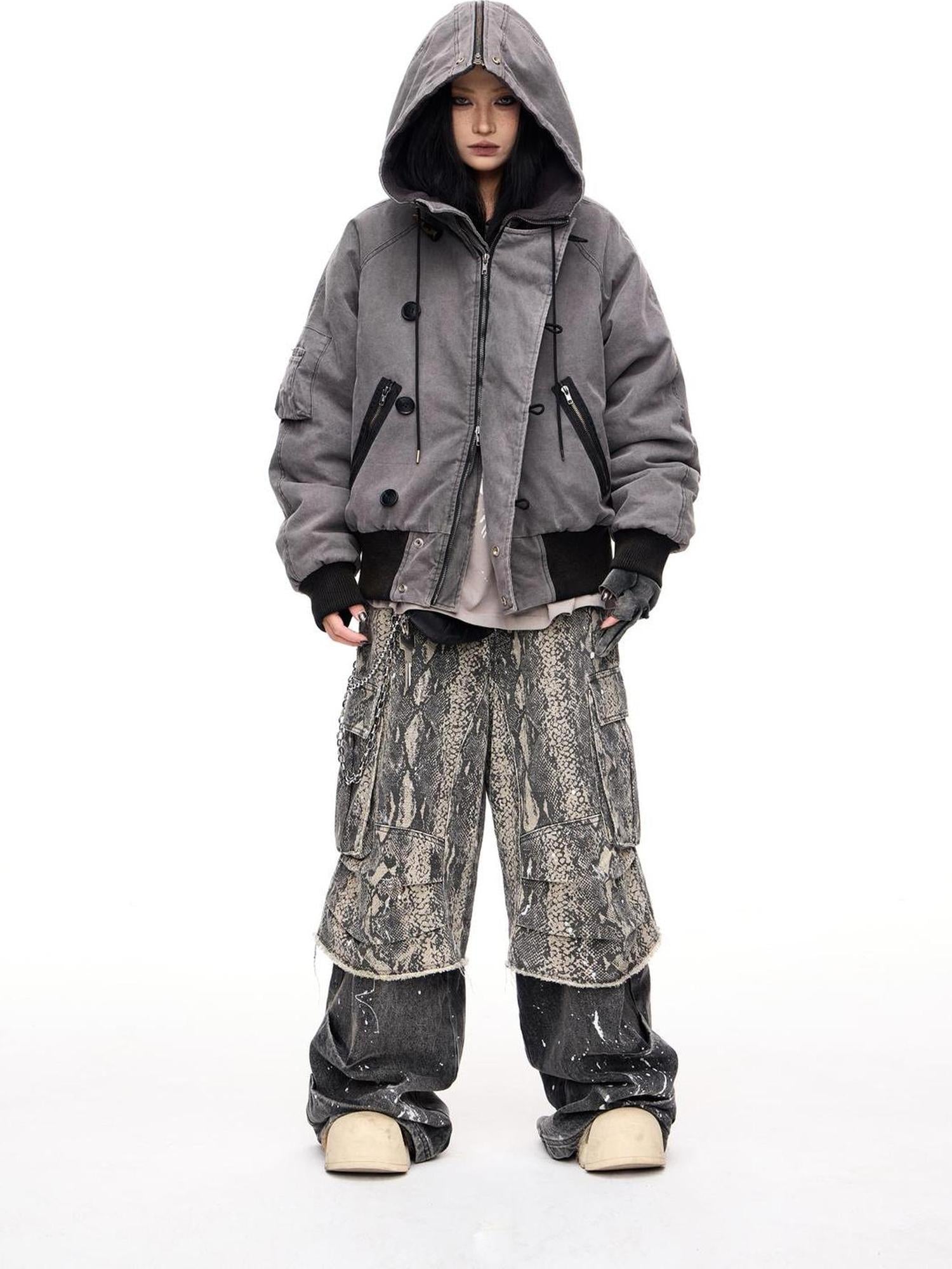 Peoplesense Retro Unisex Washed Graphite Hooded Jacket