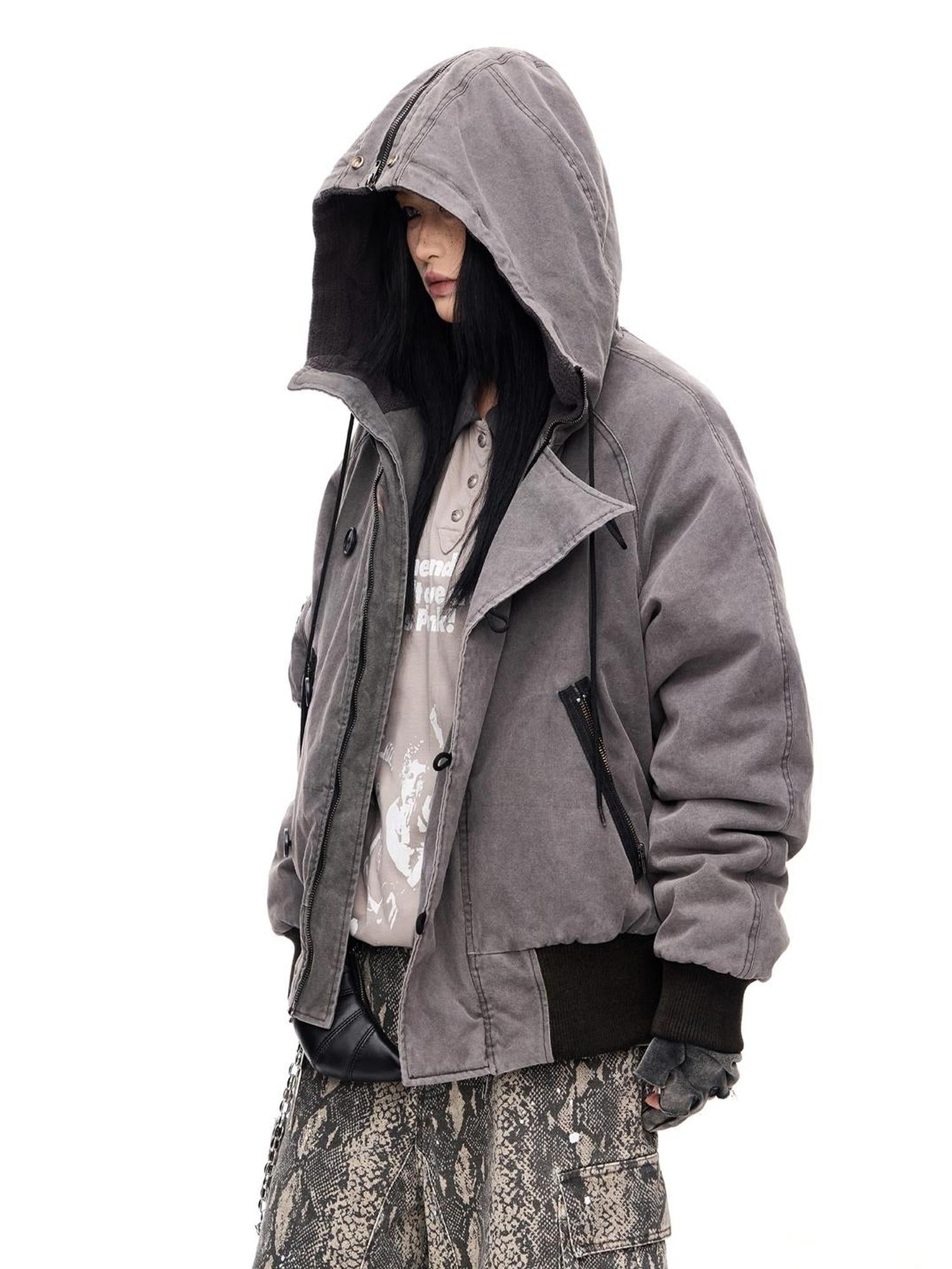 Peoplesense Retro Unisex Washed Graphite Hooded Jacket