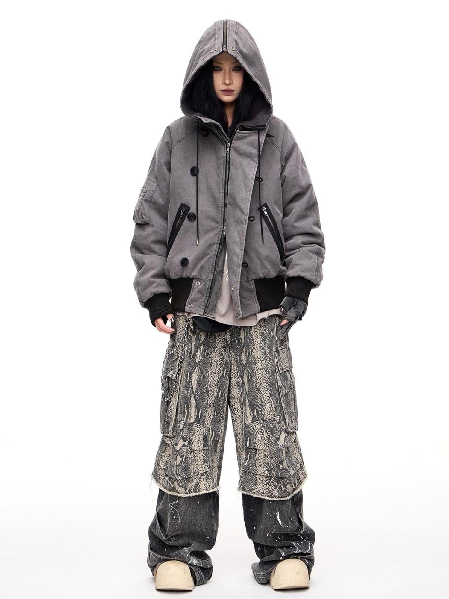 Peoplesense Retro Unisex Washed Graphite Hooded Jacket