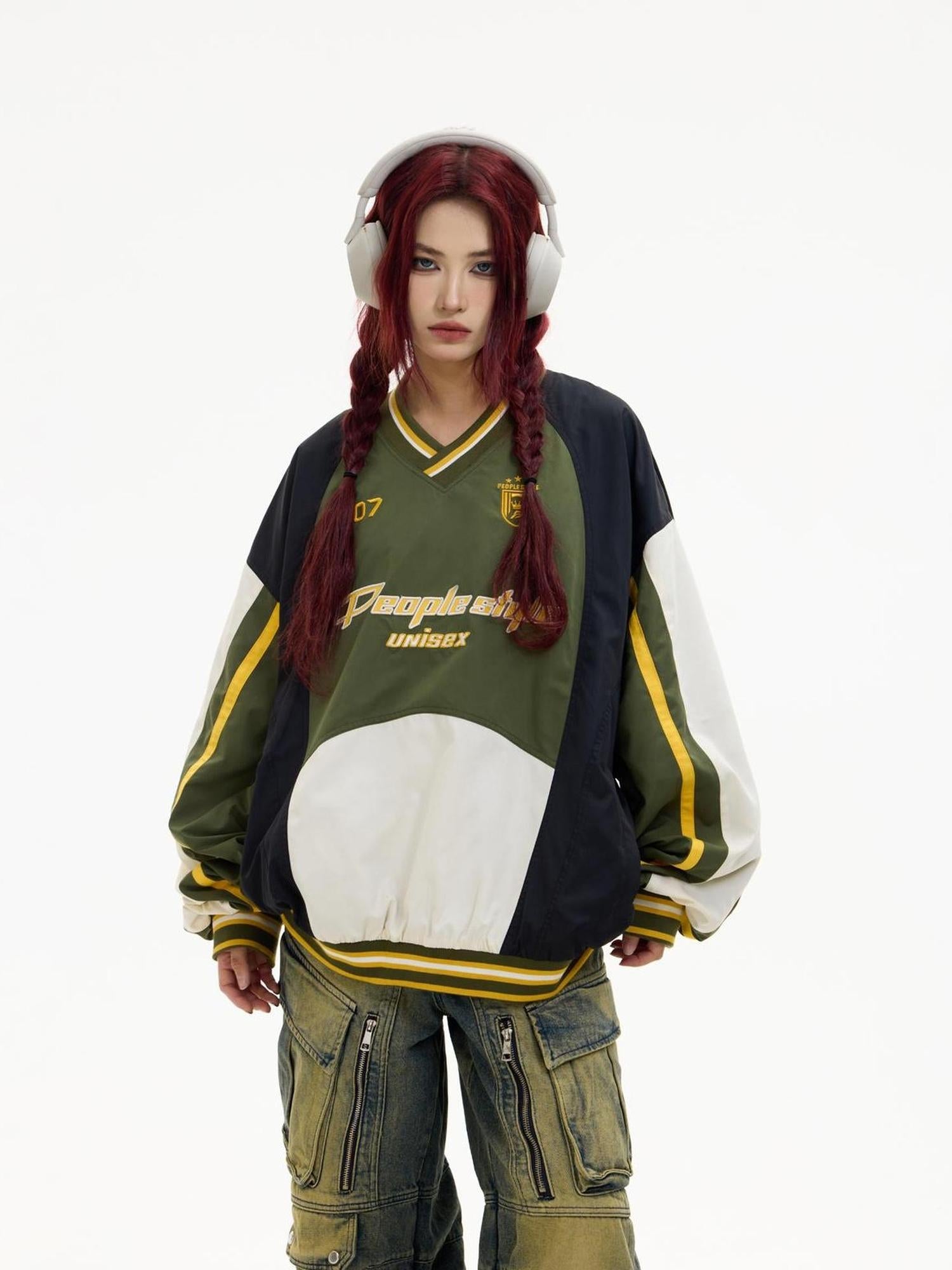 Peoplesense Retro V Neck Rugby Sweater Unisex Loose Fit