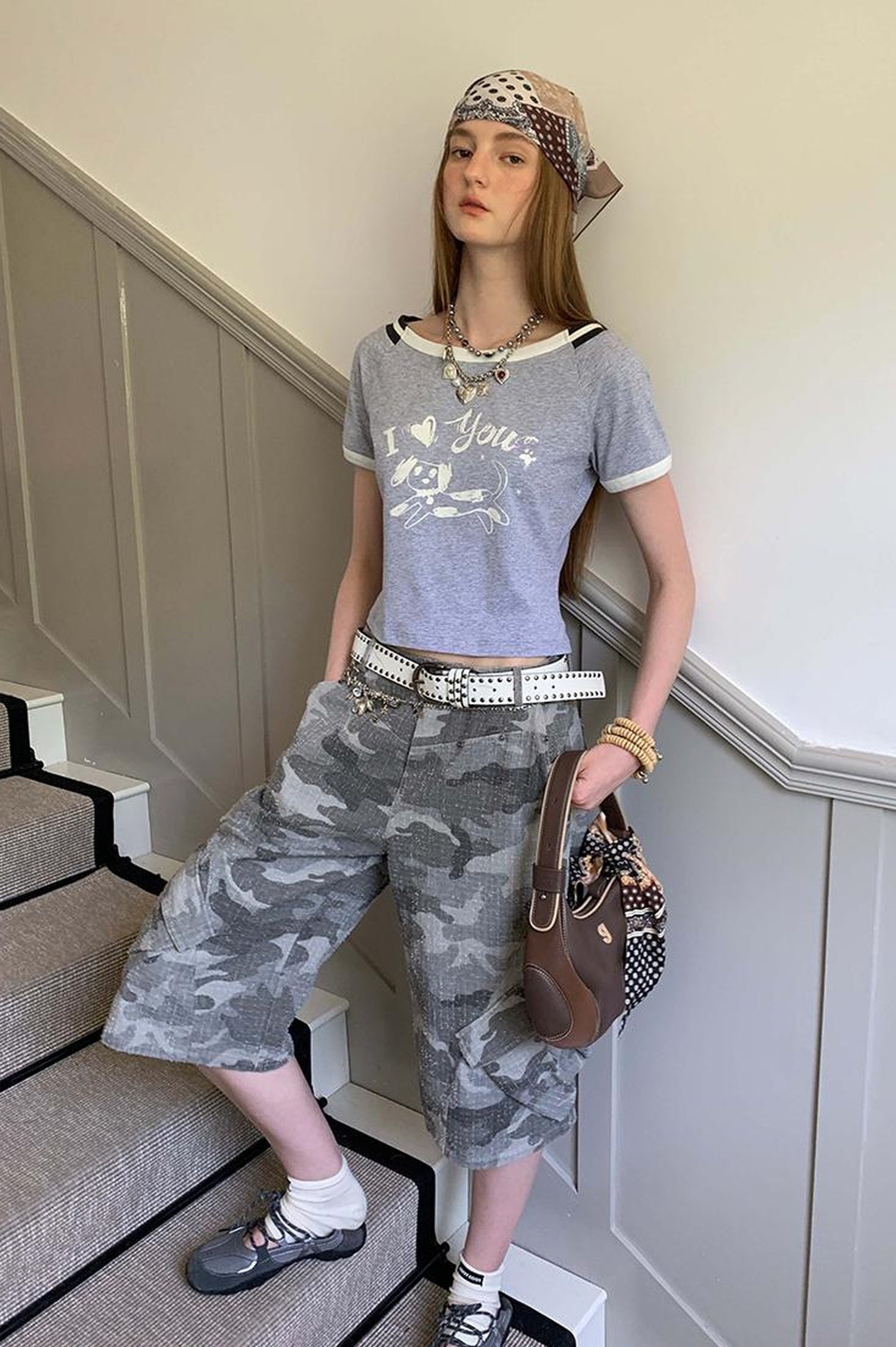 DIDDI MODA Retro Washed Camo Cropped Pants