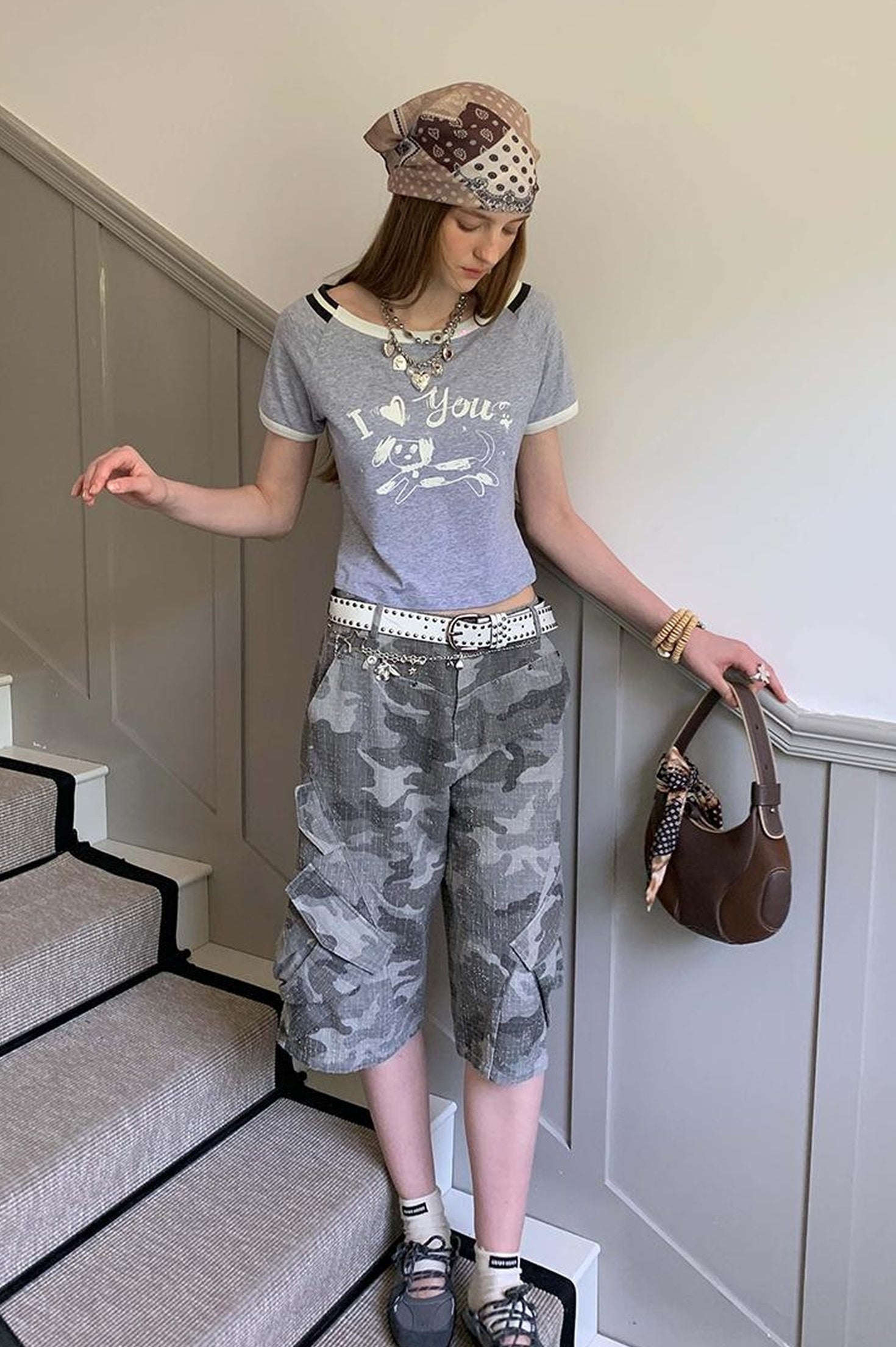 DIDDI MODA Retro Washed Camo Cropped Pants